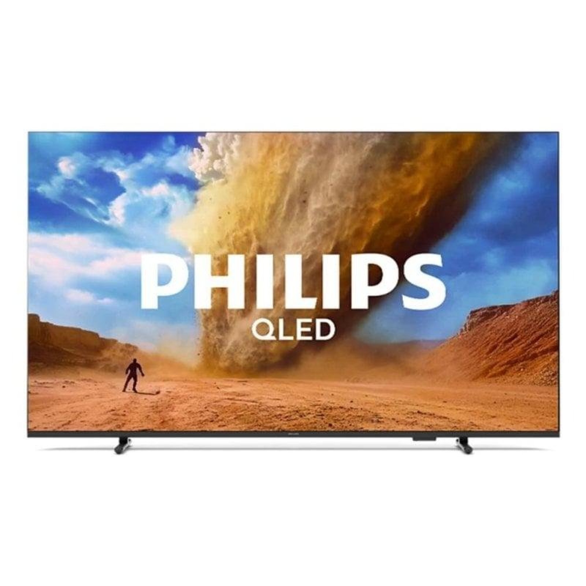 Un televisore Philips QLED mostra un paesaggio desertico con un'enorme tempesta di sabbia e una piccola figura.