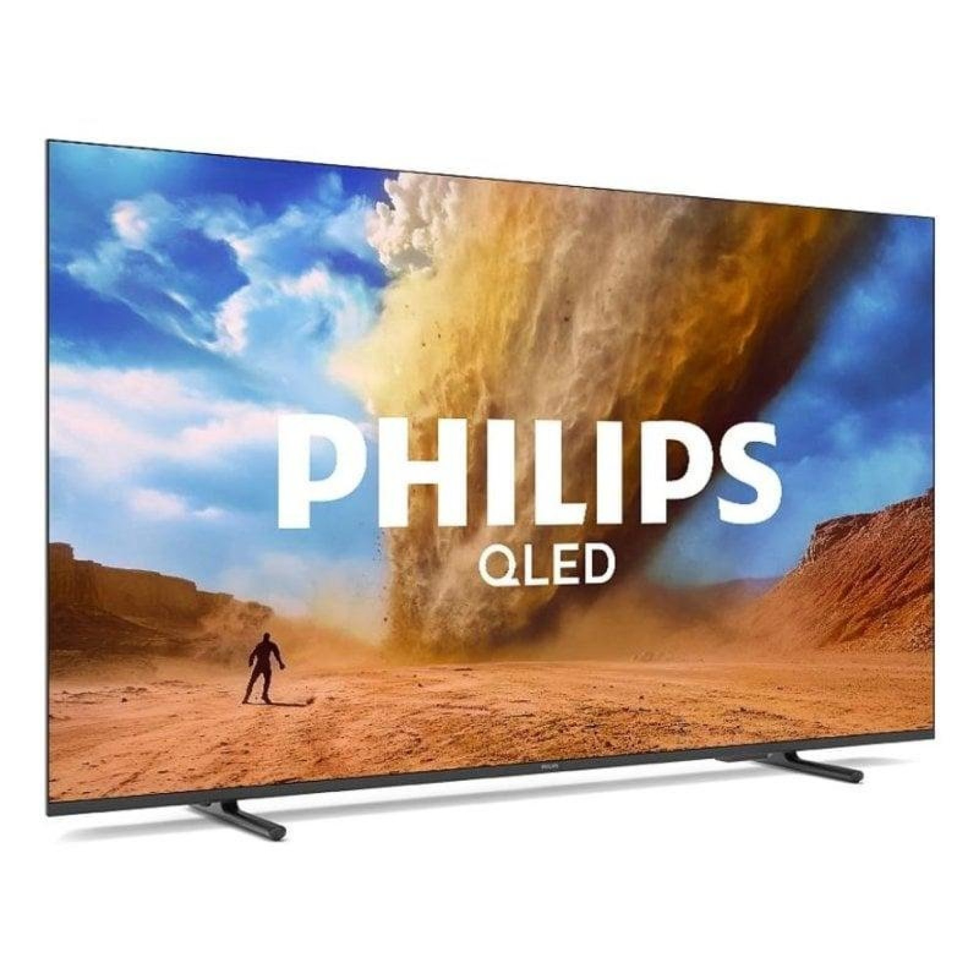 Una TV Philips QLED mostra un paesaggio drammatico con un tornado, montagne e una piccola figura umana.