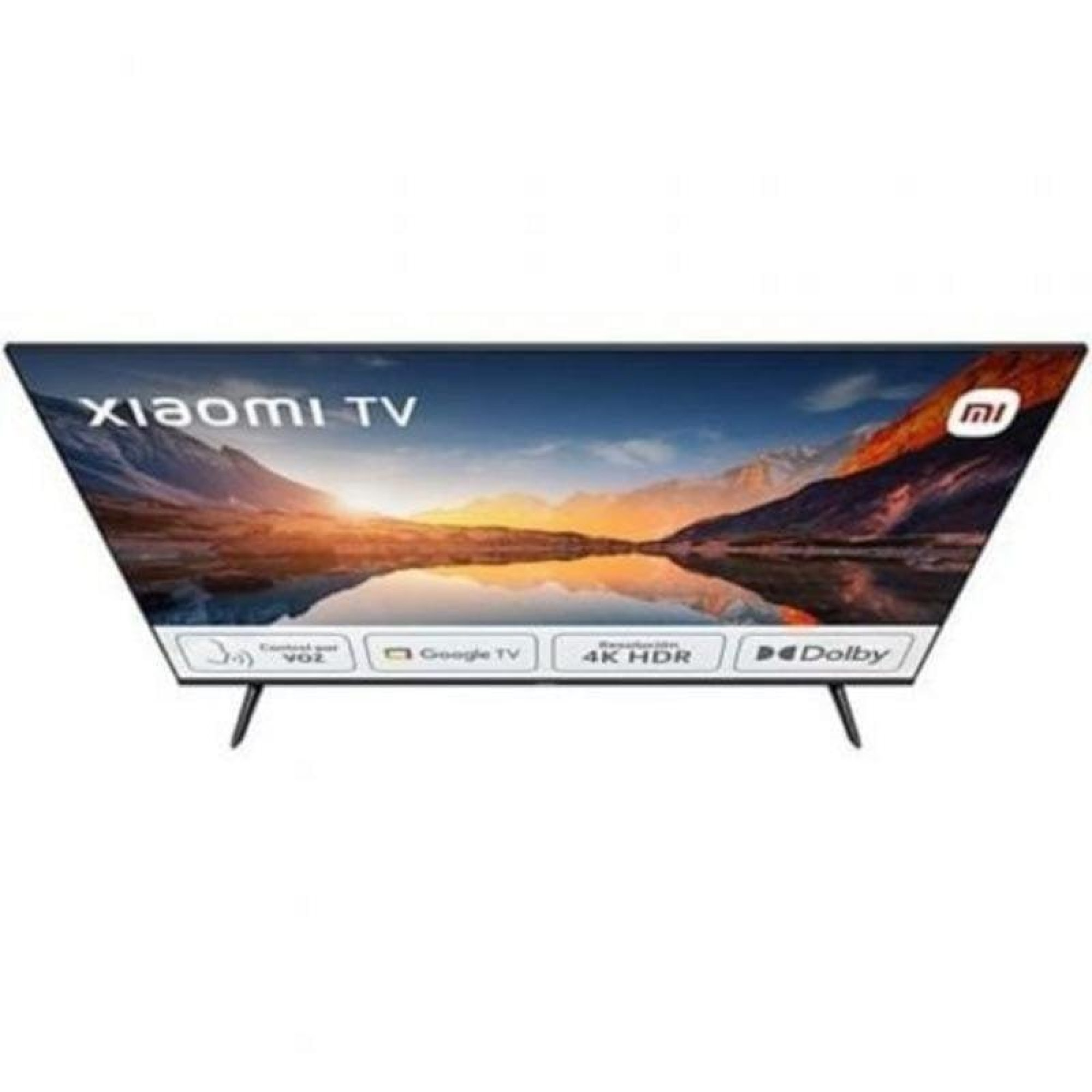 Una TV Xiaomi mostra un paesaggio montano con un lago. In basso compaiono i loghi di Google TV, 4K HDR e Dolby.