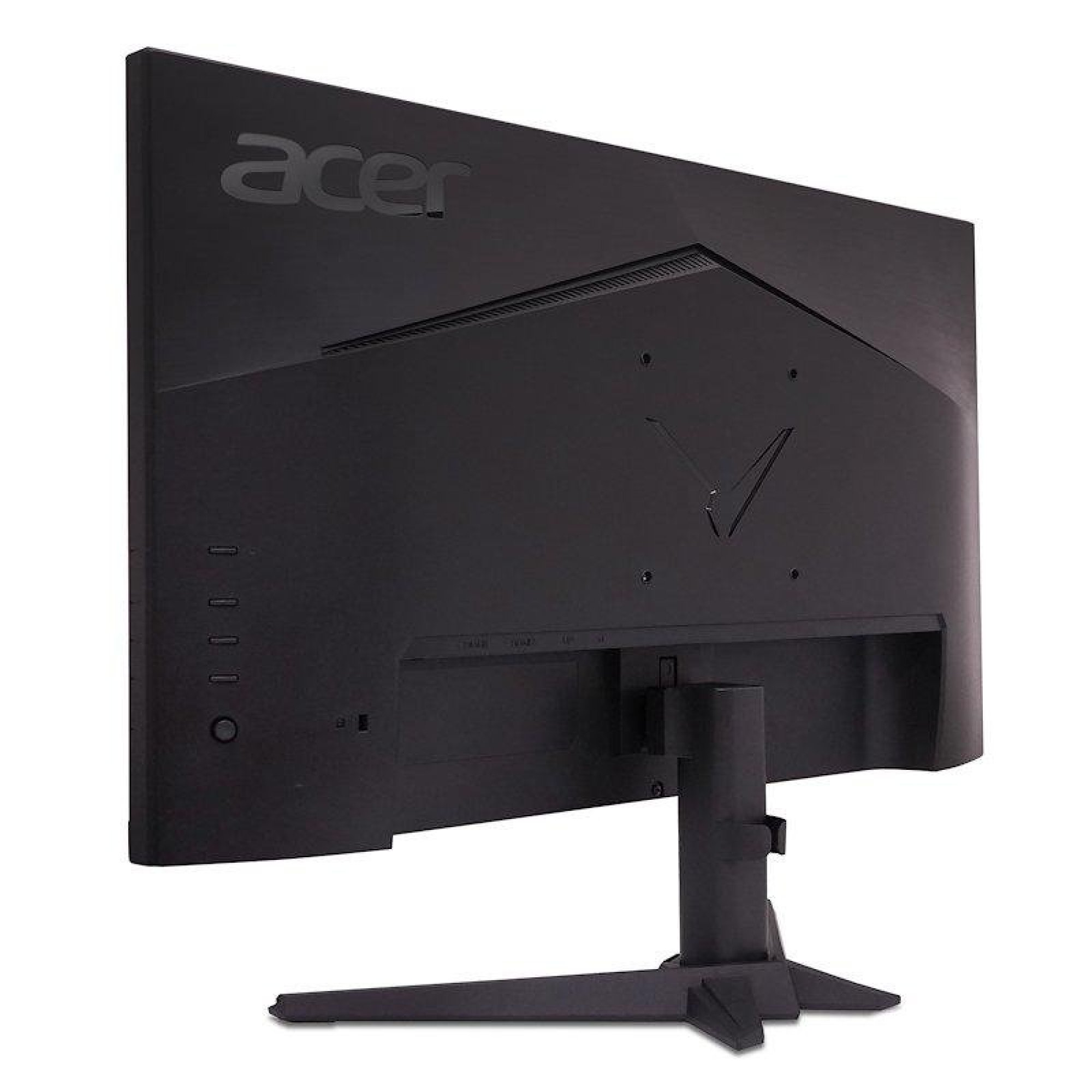 Vista posteriore di un monitor nero Acer con supporto su sfondo bianco.