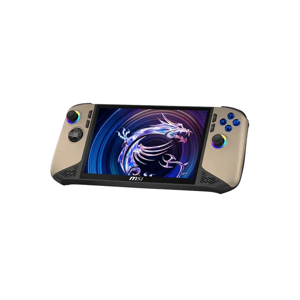 Beyaz arka planda renkli RGB çubuklarına sahip altın rengi MSI el tipi oyun konsolu.
