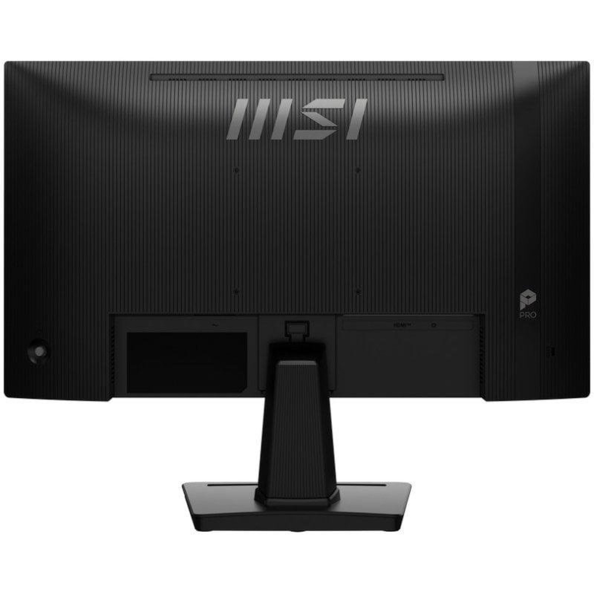 Vista posteriore di un monitor per computer MSI nero su supporto, con porte e logo.