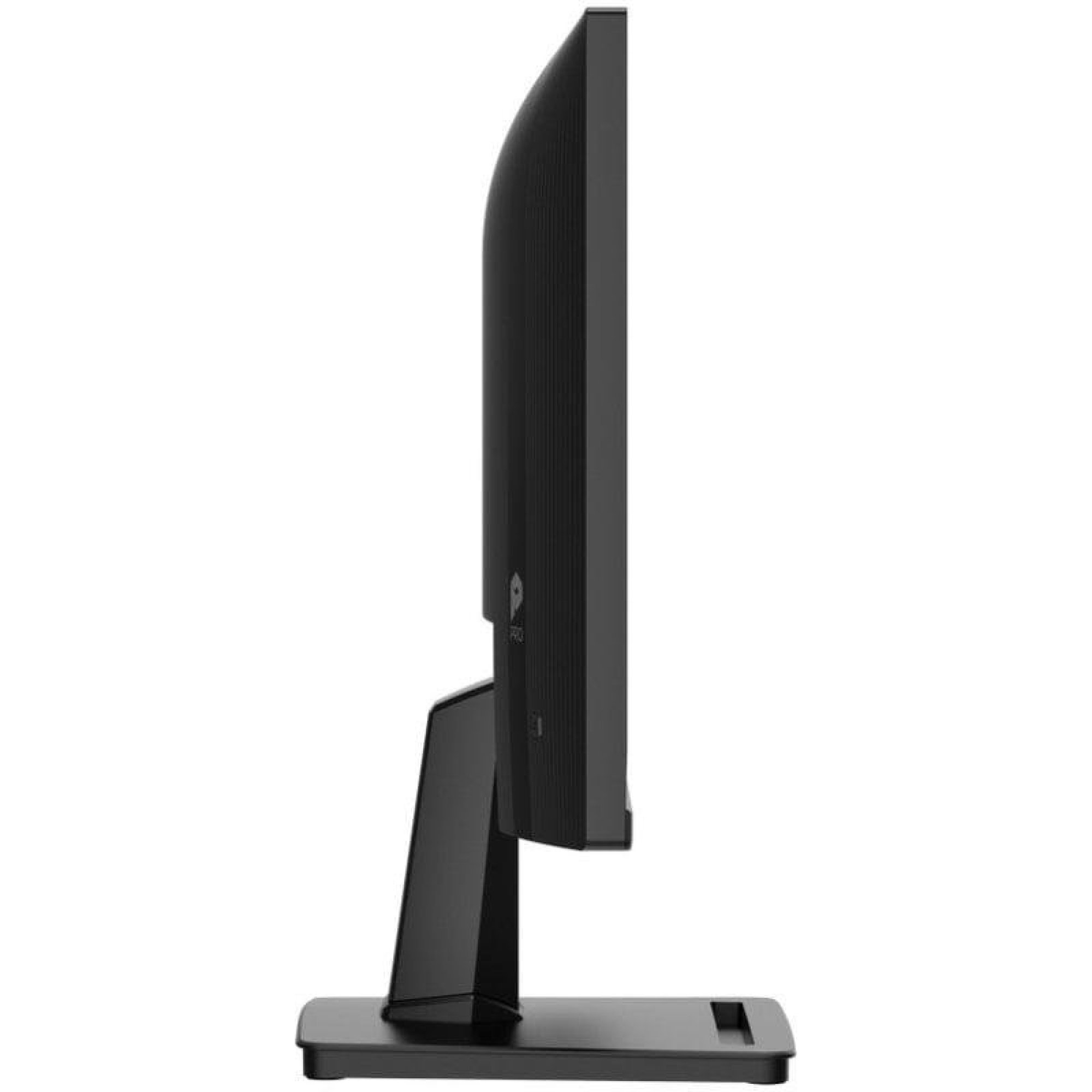 Vista laterale di un monitor per computer nero su supporto su sfondo bianco.