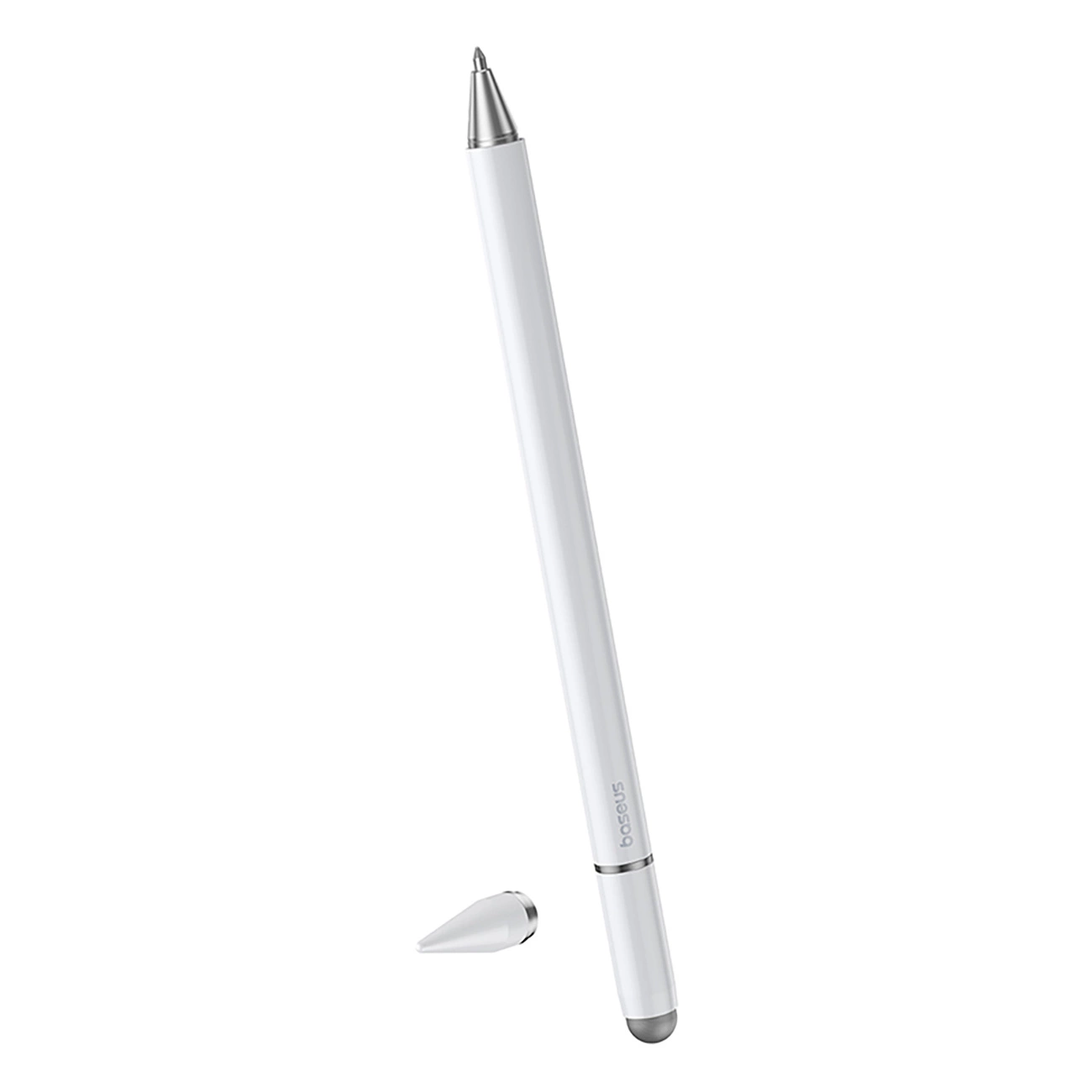 Ein weißer Stift mit silbernen Akzenten steht vertikal neben seiner abgezogenen Kappe auf weißem Hintergrund.