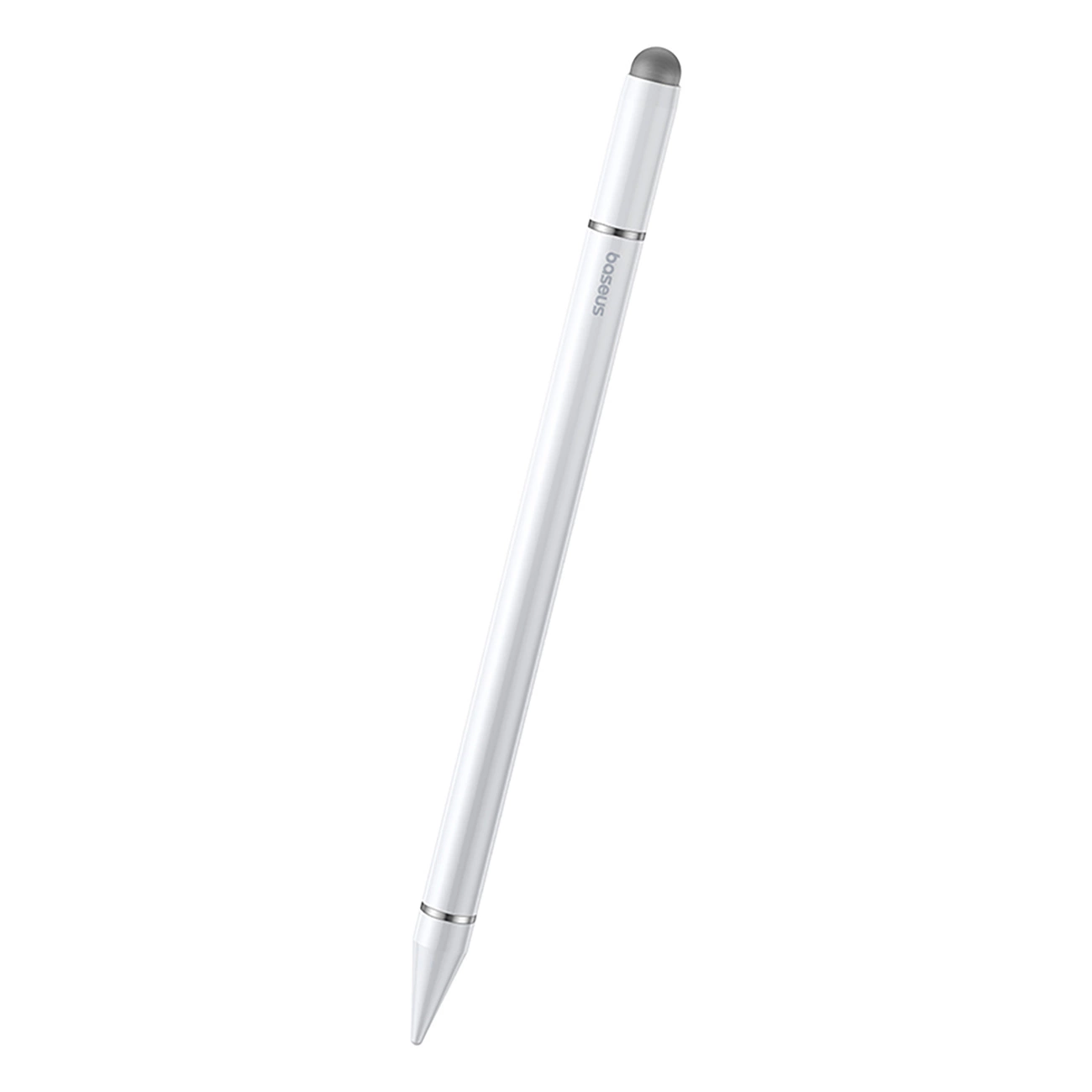 Ein weißer Baseus-Stift mit silbernen Akzenten und grauer Spitze vor weißem Hintergrund.