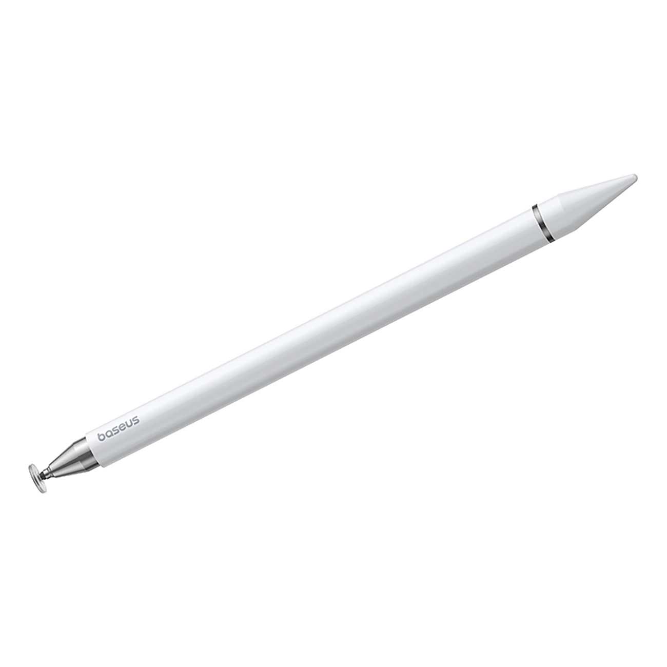 Ein weißer Baseus-Stift mit silbernen Akzenten und einer transparenten runden Disc-Spitze auf weißem Hintergrund.