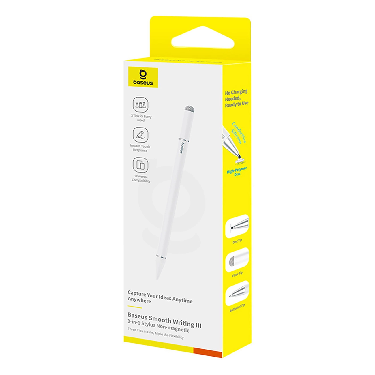 Weiße und gelbe Verpackung des Baseus Smooth Writing III 3-in-1-Stylus mit Stiftabbildung und Produktfeatures.
