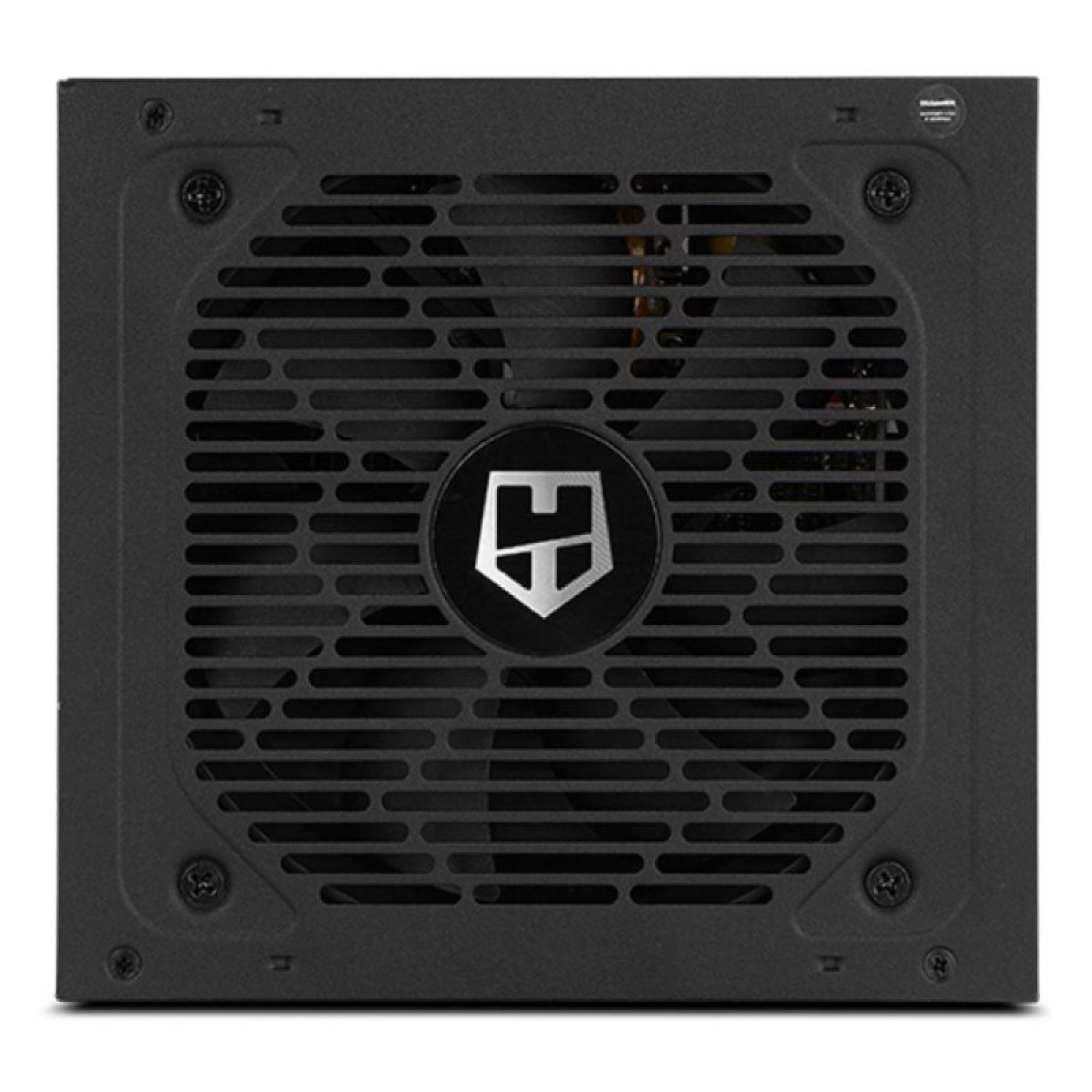 Alimentatore per PC nero con una grande ventola e logo al centro.
