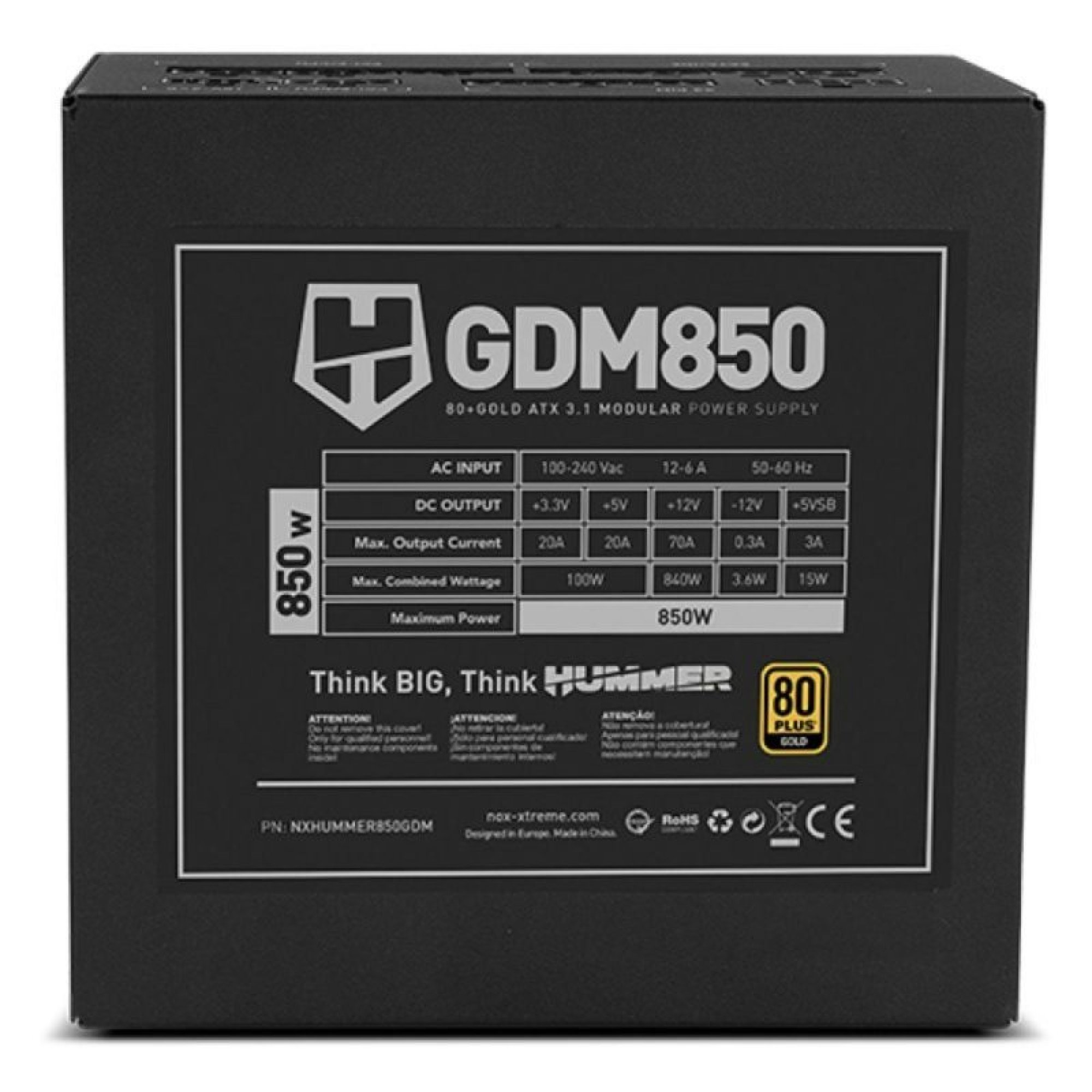 Un alimentatore modulare nero GDM850 con etichetta delle specifiche e logo di certificazione 80 Plus Gold.