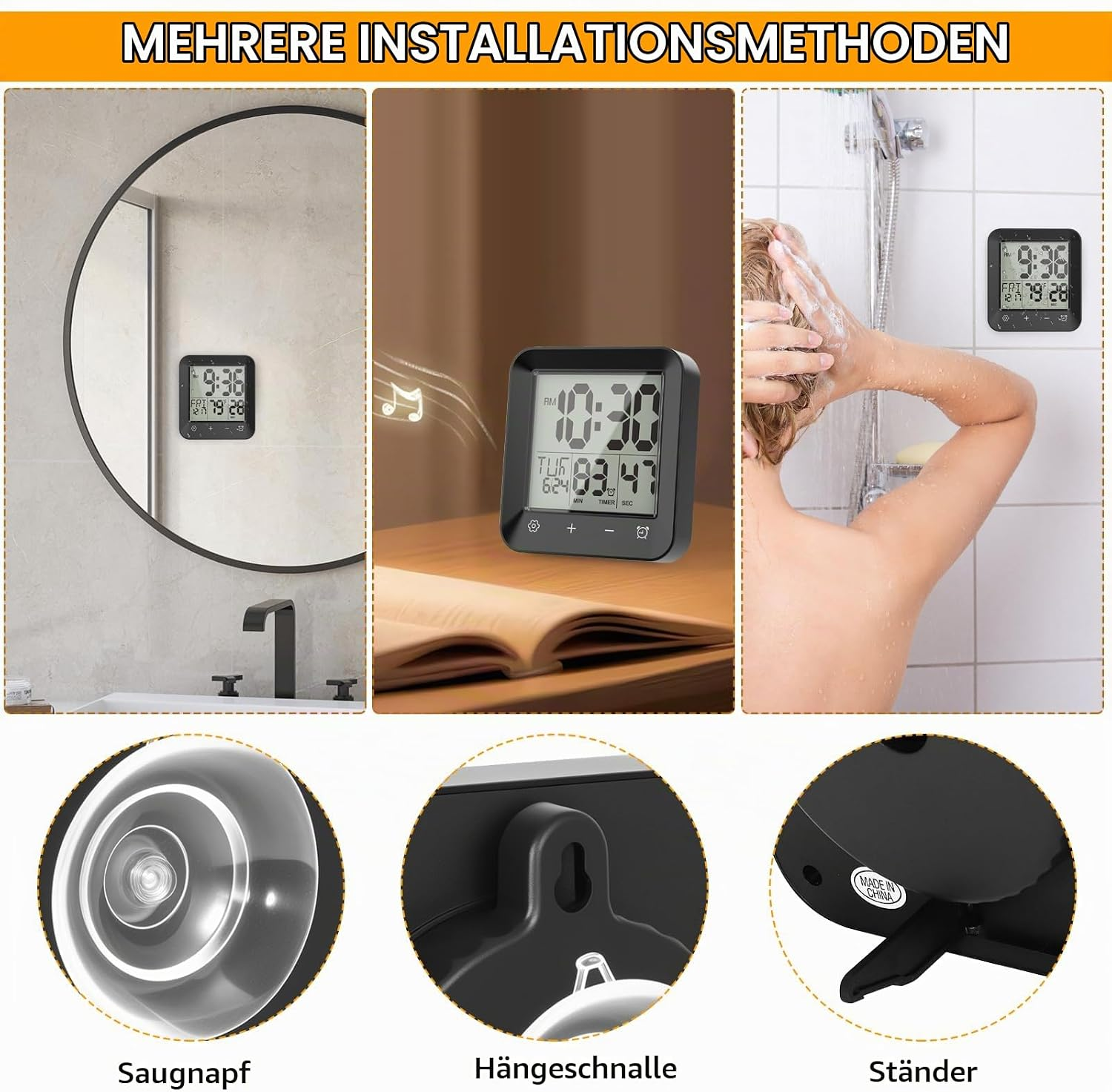 Digitale Uhr mit Saugnapf, Hängeöse und Ständer für Badezimmer.