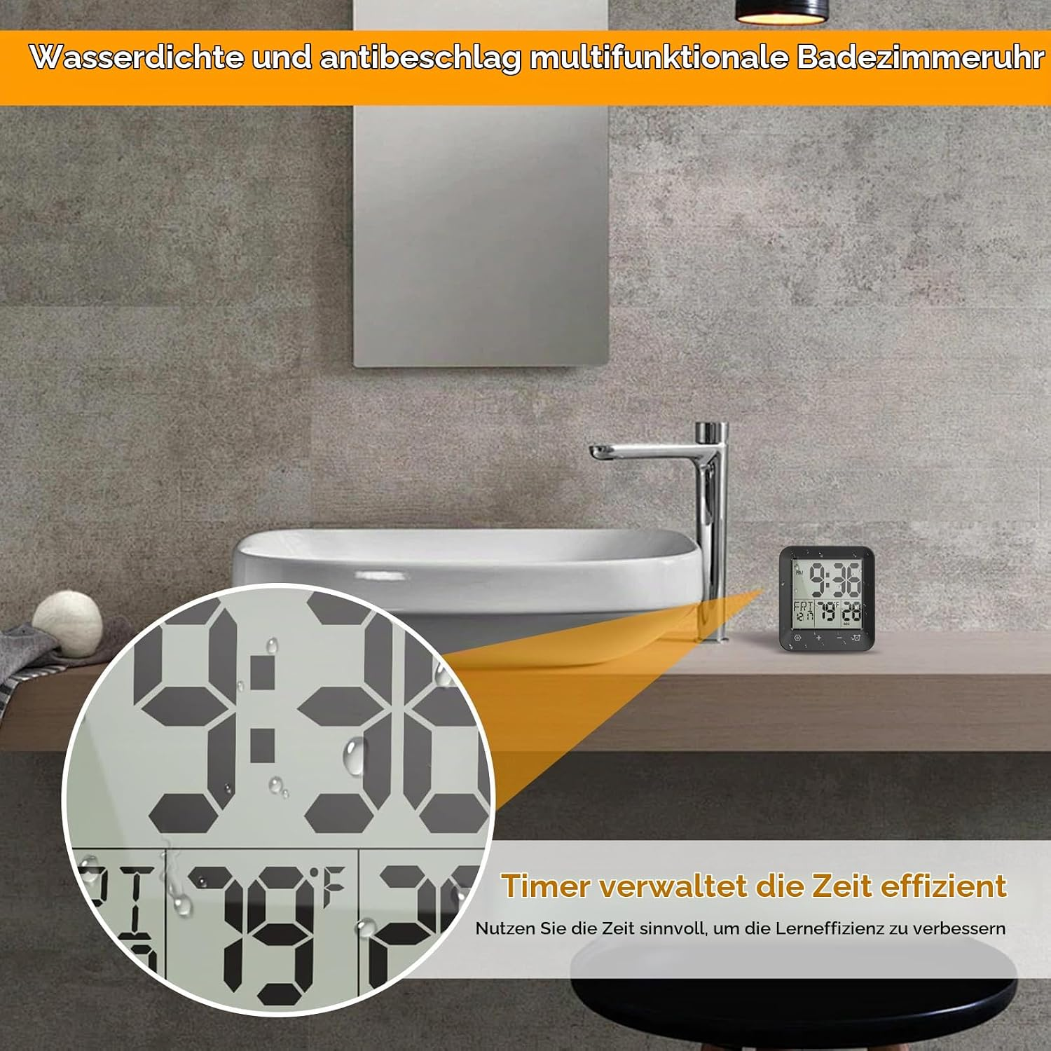 Wasserdichte Badezimmruhr mit digitaler Anzeige und Timer auf einer Ablage neben einem Waschbecken.