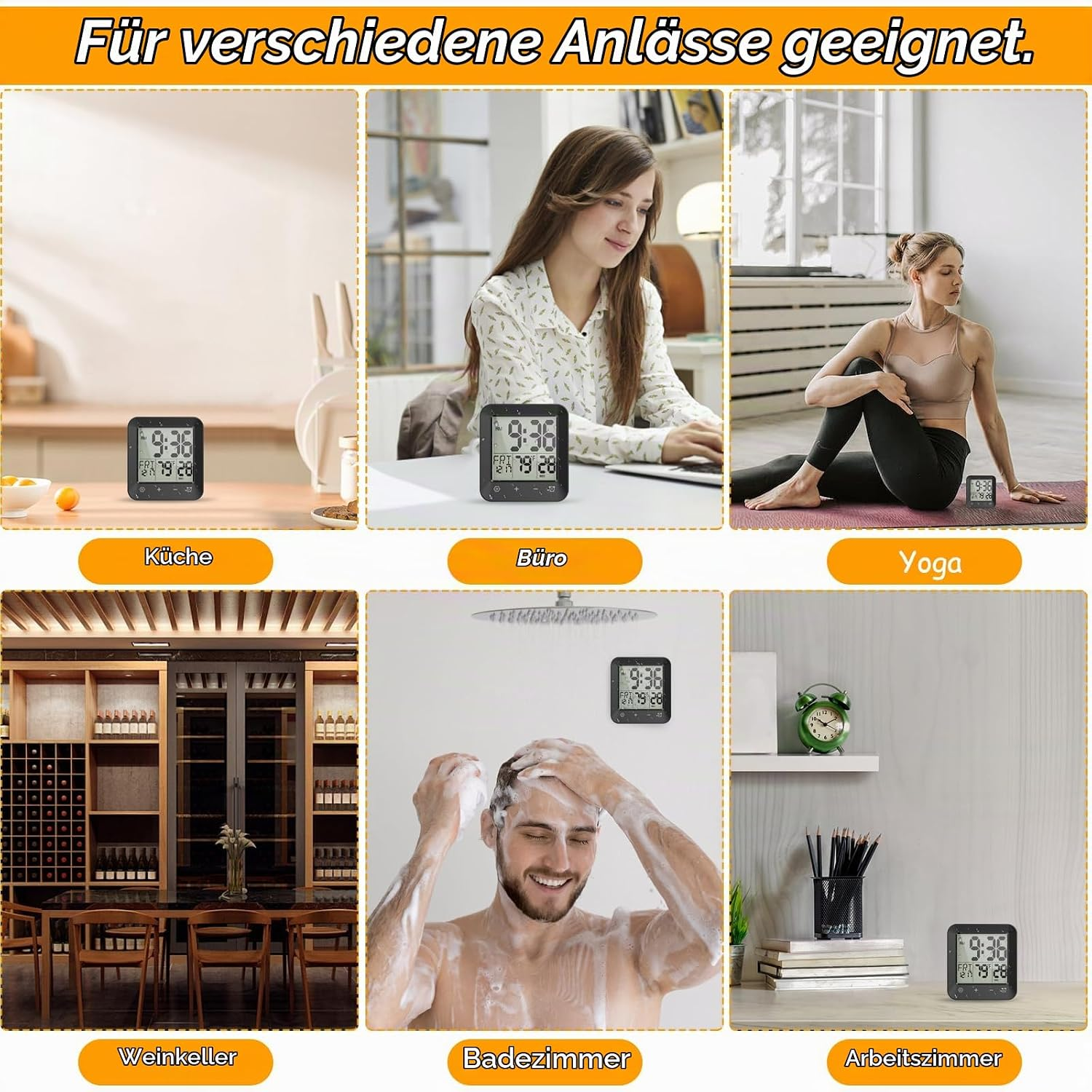 Eine kleine Digitaluhr, gezeigt in sechs verschiedenen Szenarien wie Küche, Büro, Yoga, Weinkeller und Badezimmer.