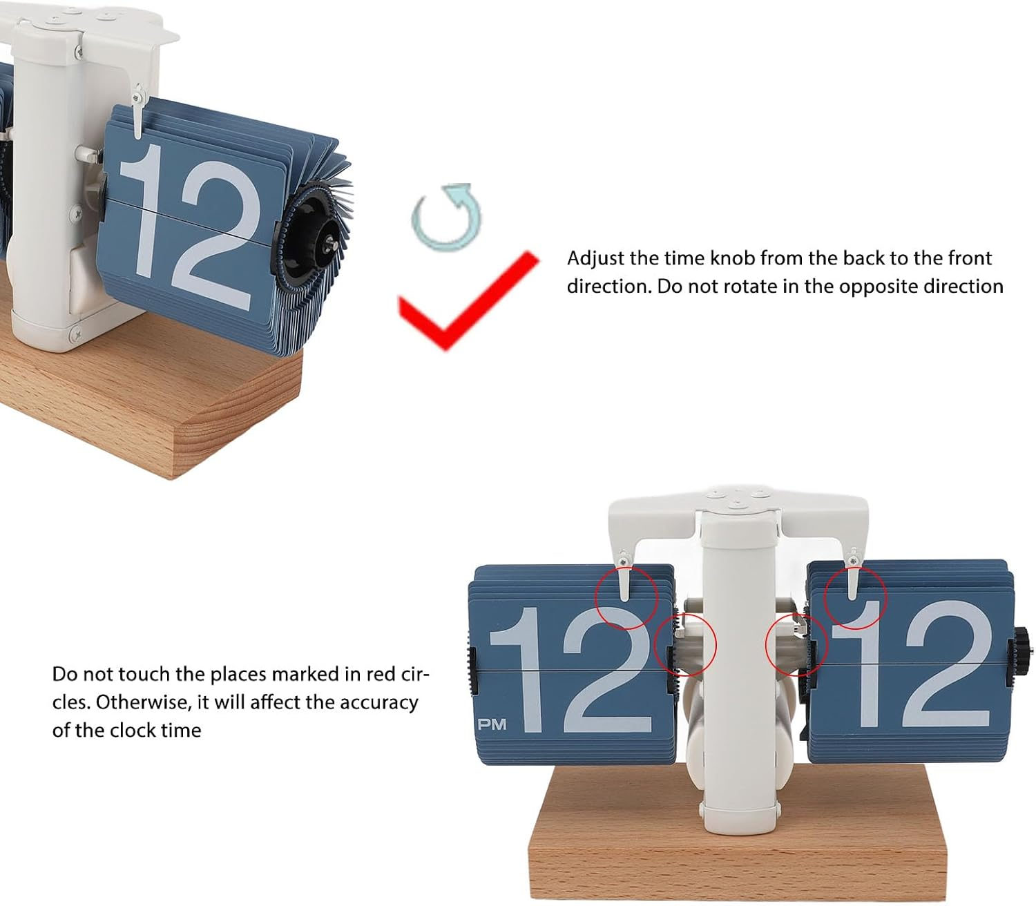Anleitung für eine blaue Flip-Uhr mit Hinweisen zur Zeiteinstellung und Warnungen für markierte Bereiche.