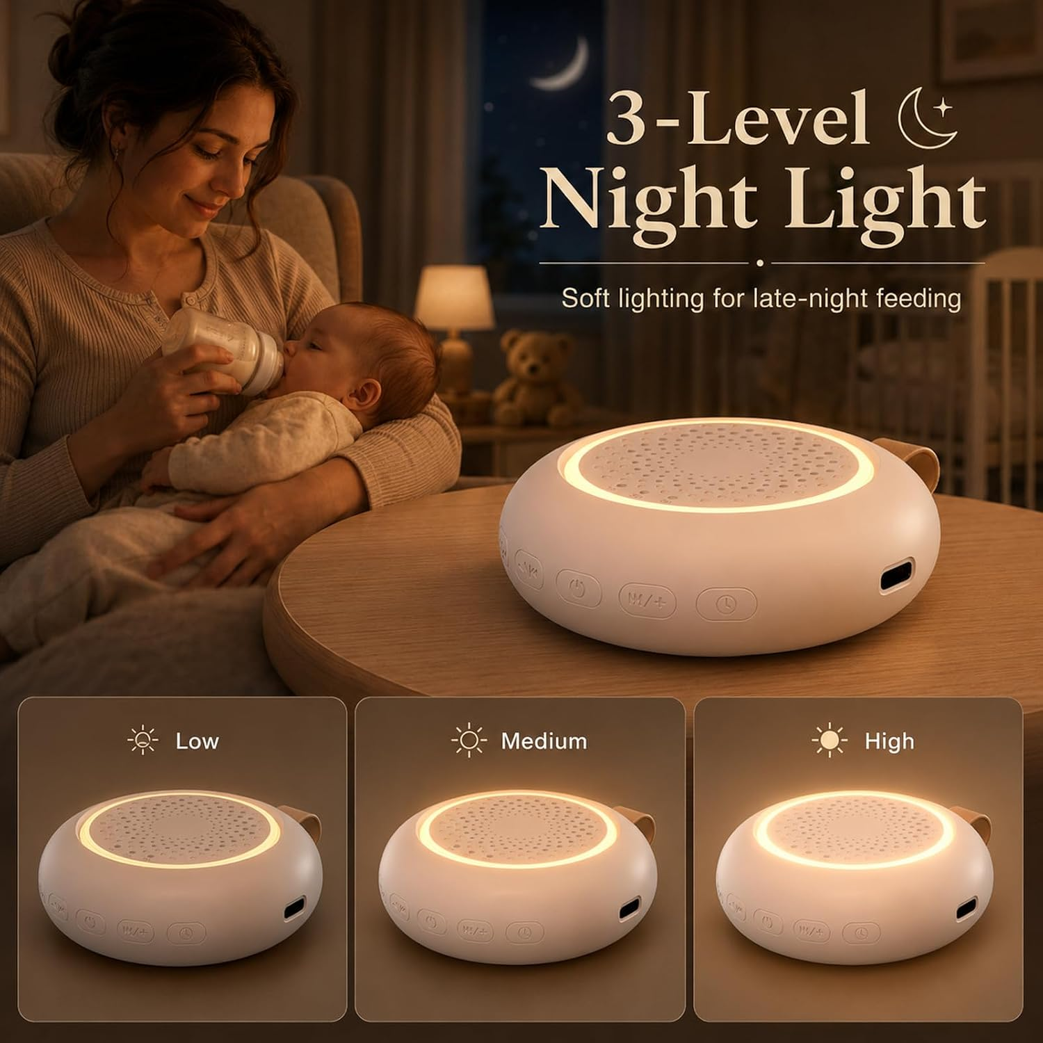 Eine Mutter füttert ihr Baby neben einem weißen 3-Stufen-Nachtlicht auf einem Holztisch mit niedrigen, mittleren und hohen Stufen.