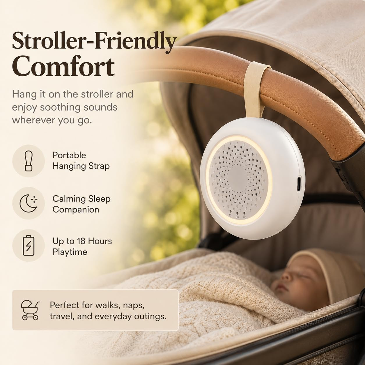 Ein weißes Soundgerät hängt am Kinderwagen, während ein Baby schläft.