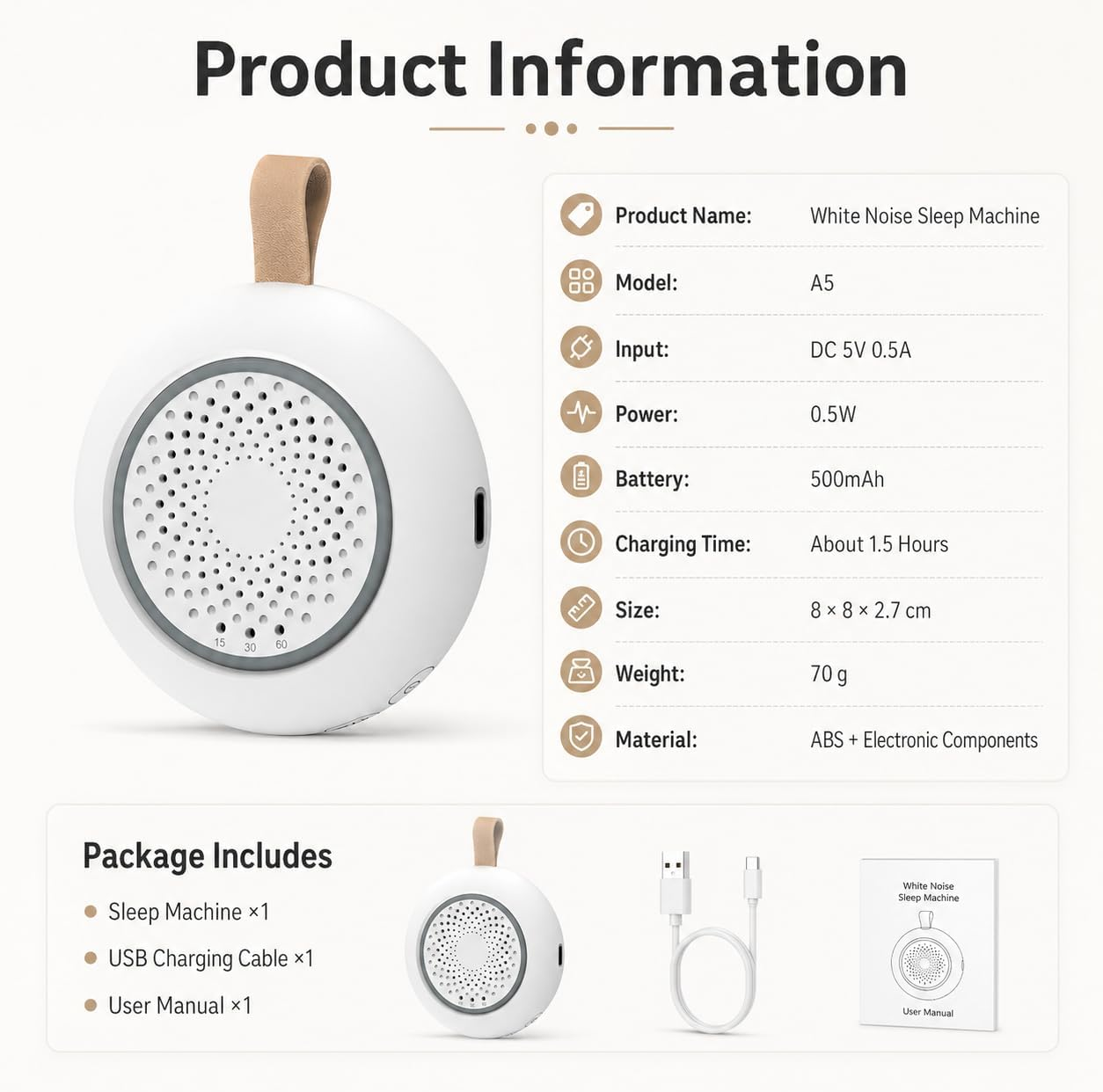 Produktinformationen einer weißen White Noise Sleep Machine mit technischen Details und Lieferumfang.