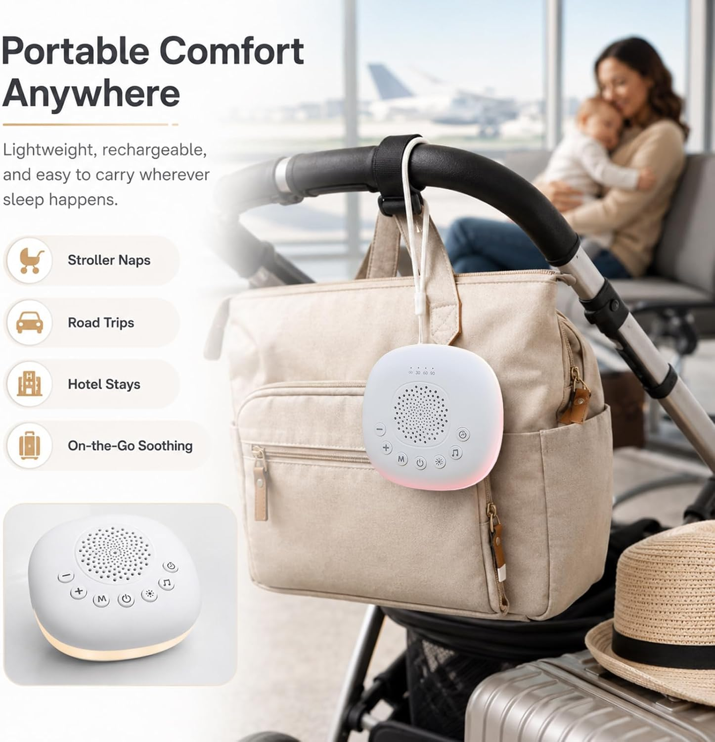 Tragbare weiße Soundmaschine hängt an einer Tasche am Kinderwagen, im Hintergrund eine Mutter mit Baby.