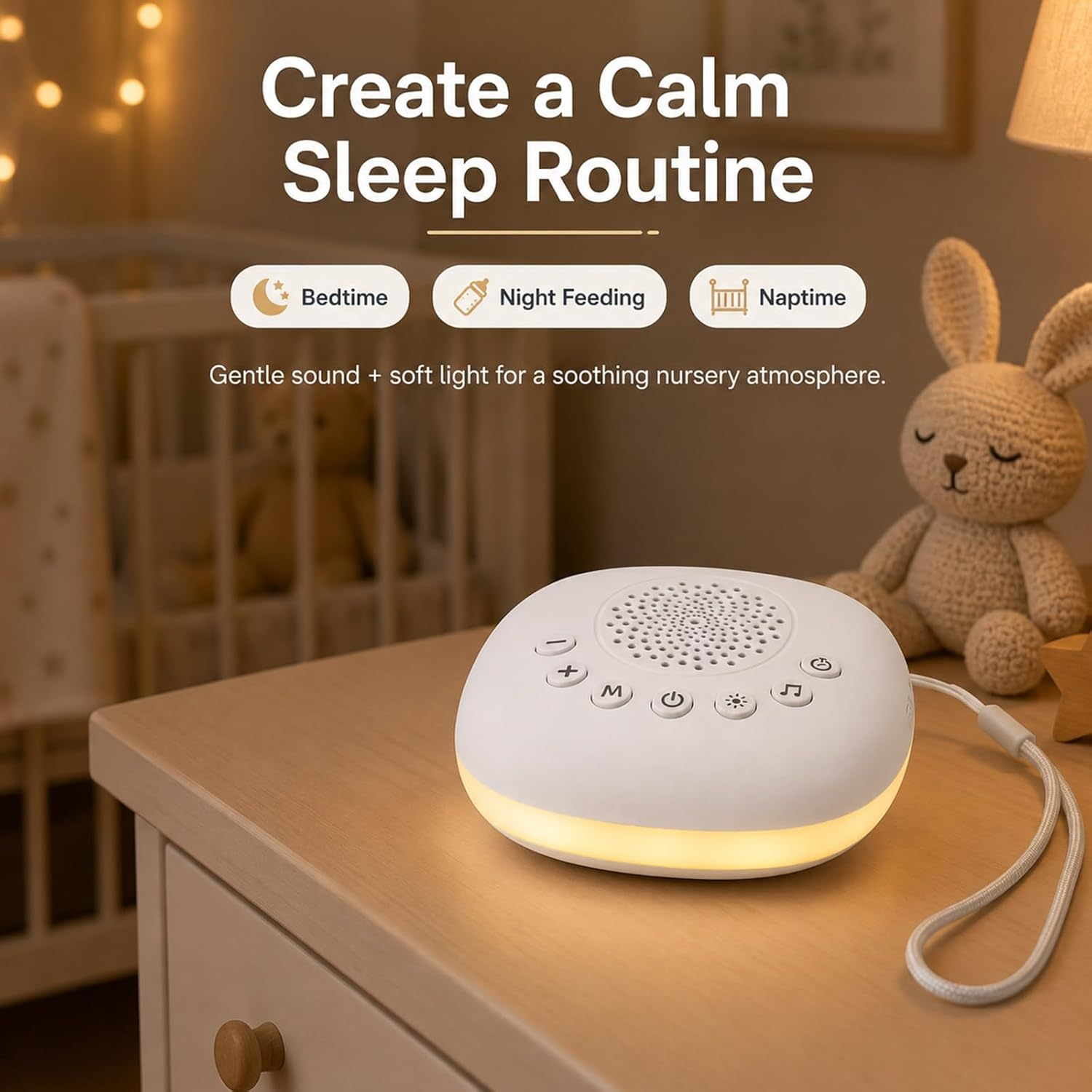 Ein weißes Sound- und Lichtgerät steht auf einem Tisch in einem gemütlichen Kinderzimmer neben einem Stoffhasen.