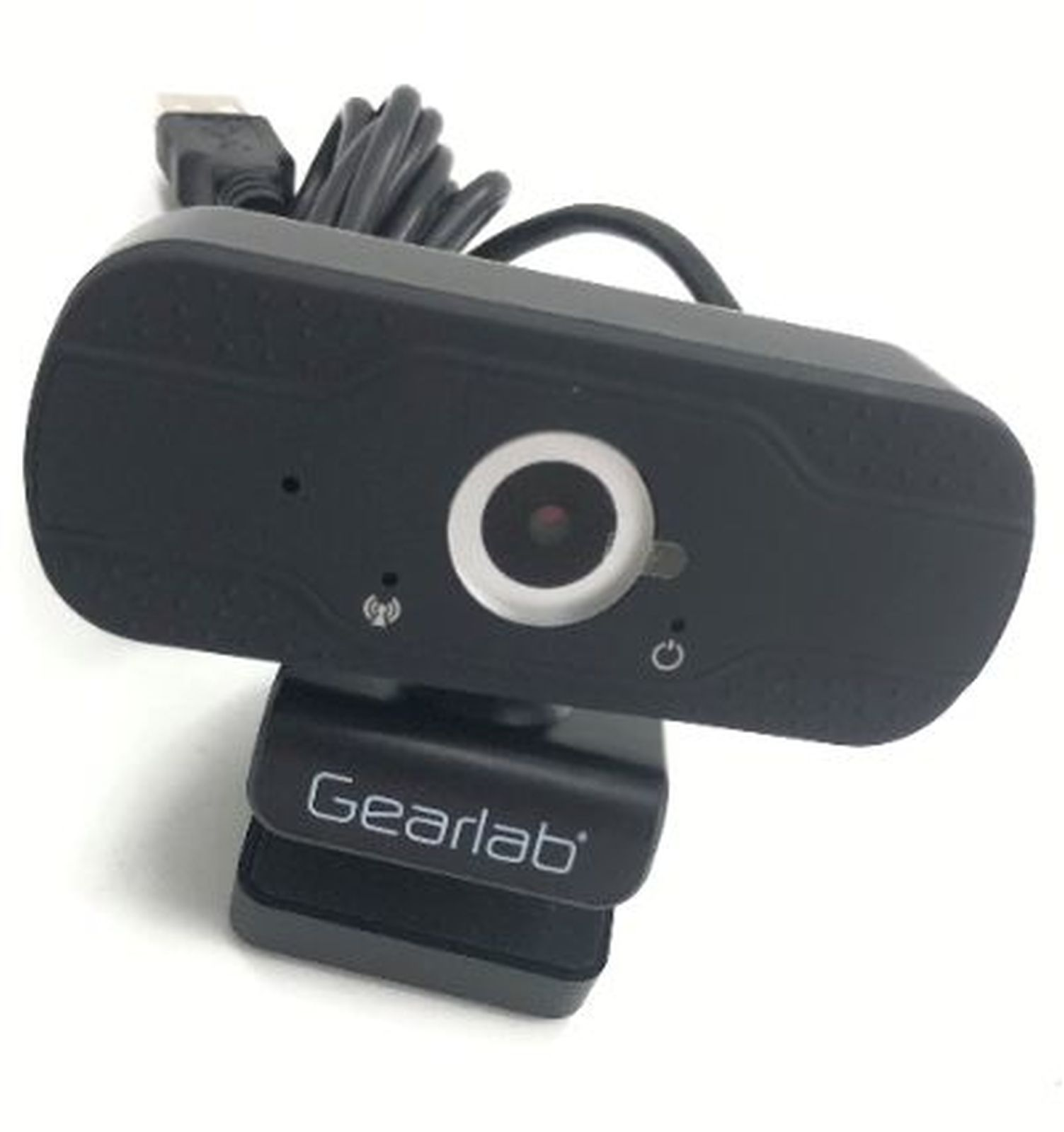 Eine schwarze Gearlab-Webcam mit zentriertem Objektiv, integriertem Mikrofon und angeschlossenem USB-Kabel auf weißem Hintergrund.