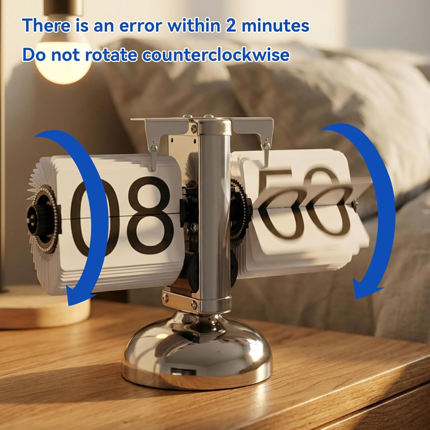 Eine Flip-Uhr auf einem Holztisch mit Textüberlagerungen, die vor Fehlern bei falscher Drehung warnen.