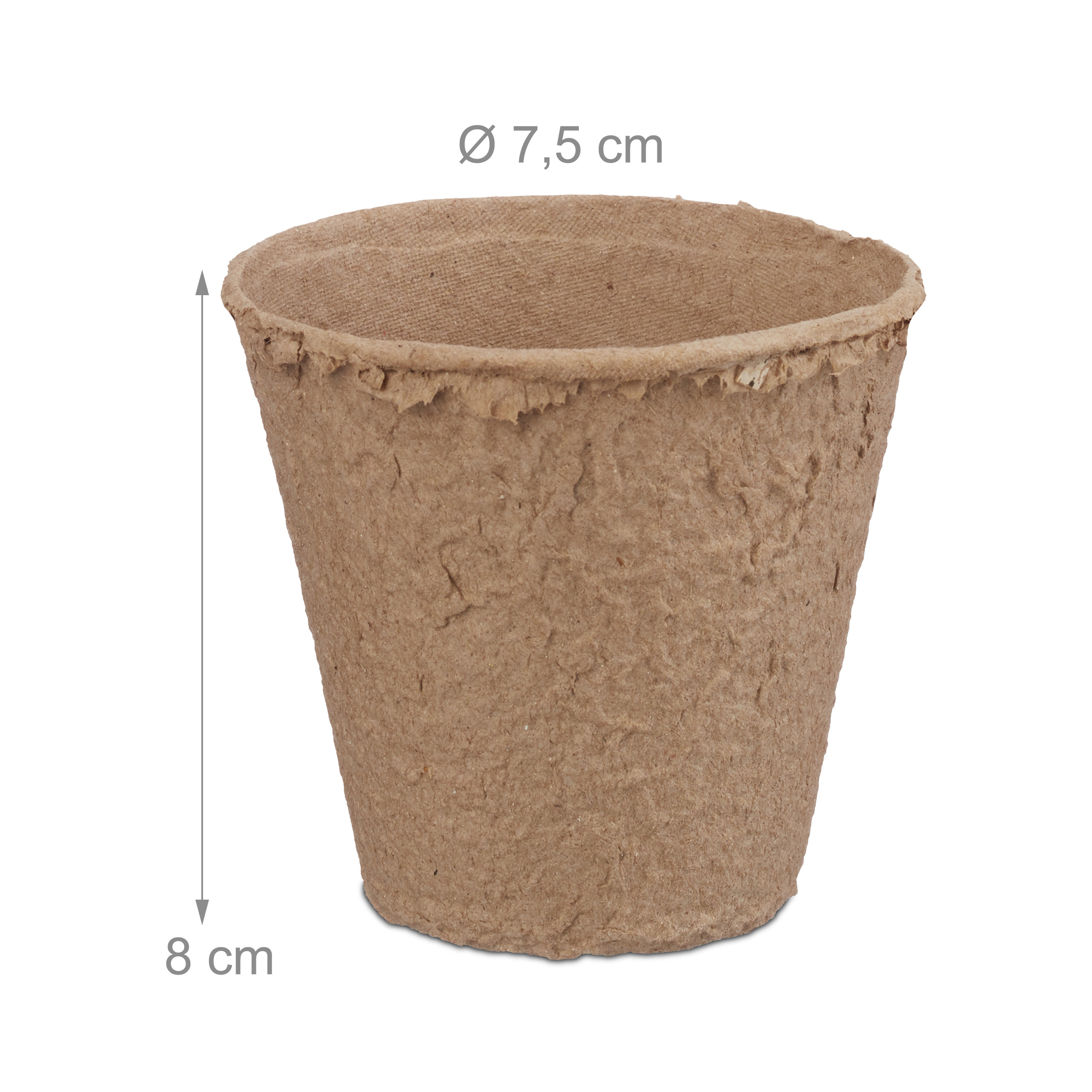 Brauner Papierfasertopf mit 7,5 cm Durchmesser und 8 cm Höhe auf weißem Hintergrund.