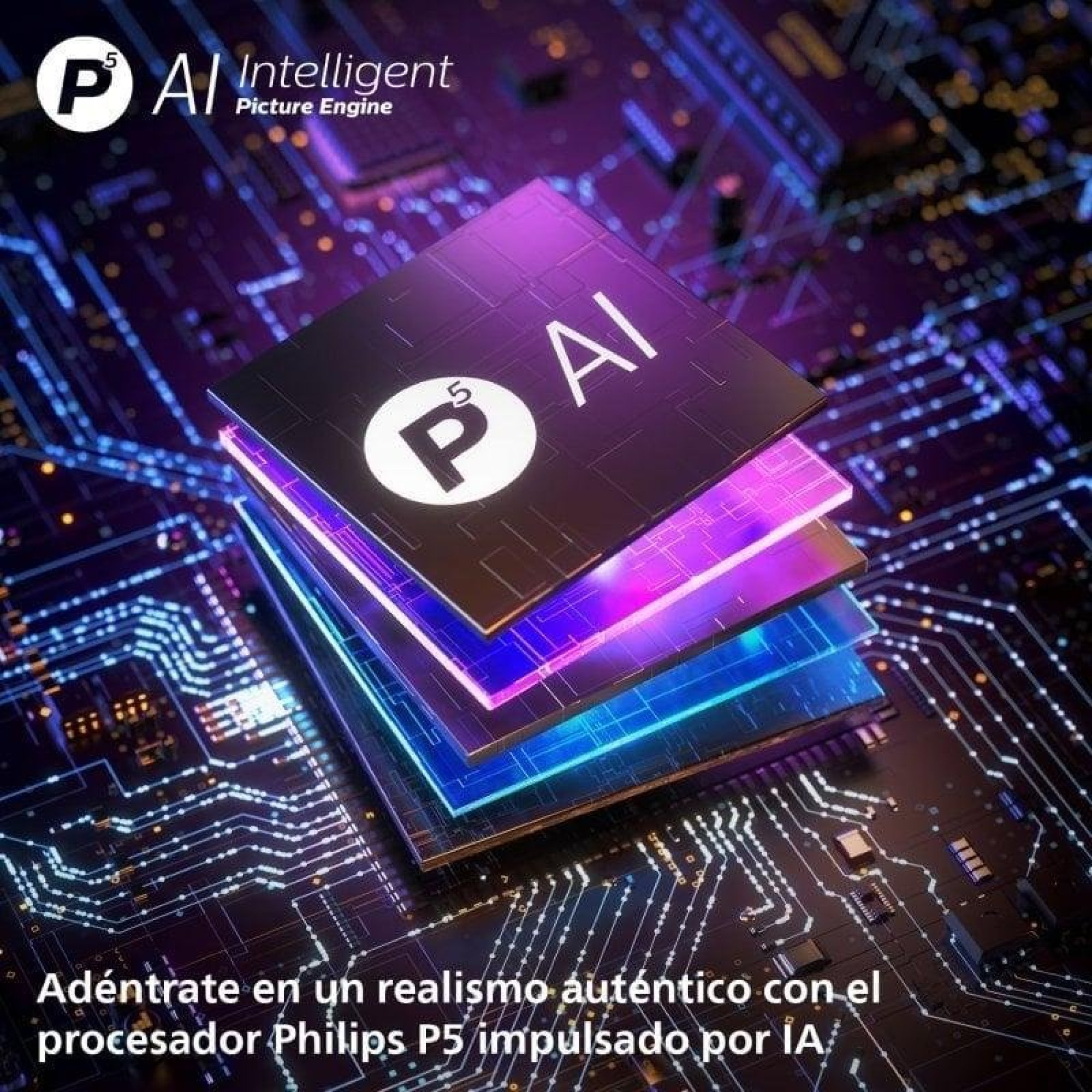 Strati di microchip colorati sovrapposti su un circuito stampato scuro con il logo Philips P5 AI.