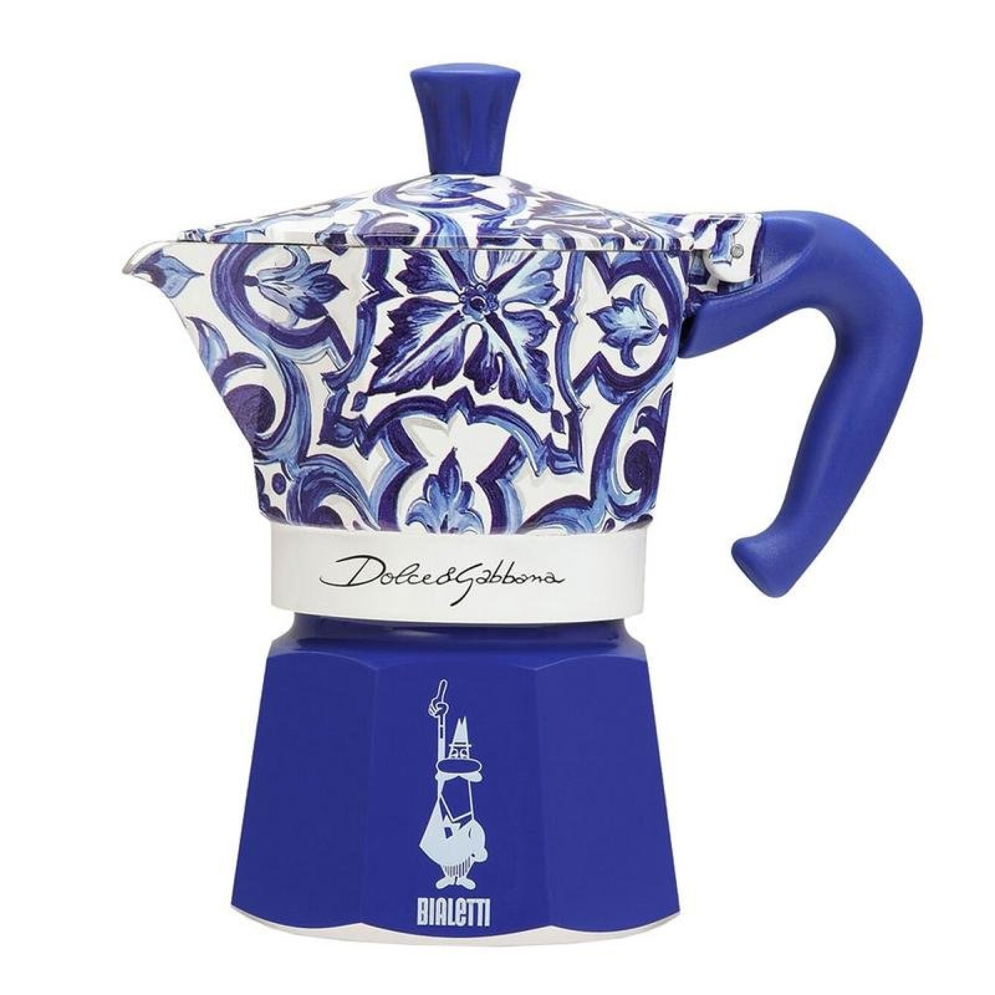 Una moka Bialetti blu e bianca presenta motivi floreali in maiolica e il logo Dolce and Gabbana.