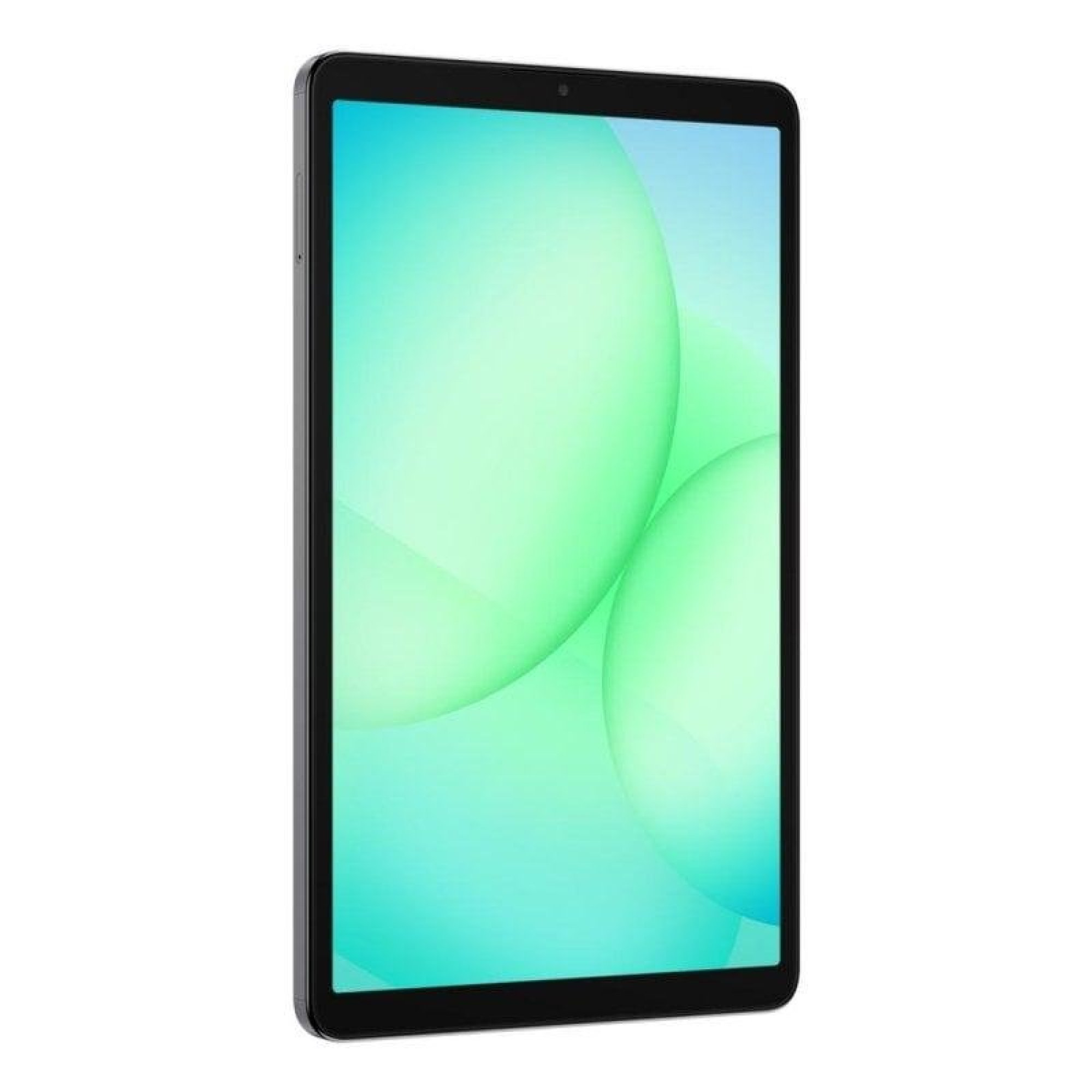 Un tablet nero con un vibrante sfondo astratto verde e turchese sullo schermo.