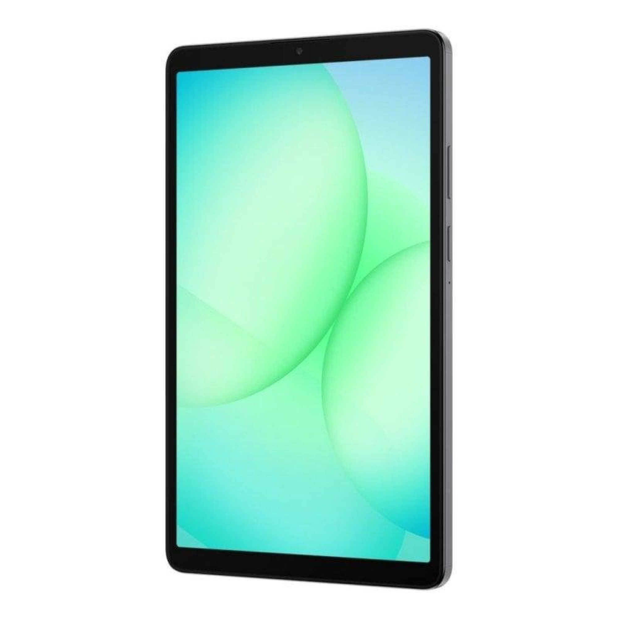 Un tablet nero con uno sfondo verde brillante sul display si trova su sfondo bianco.