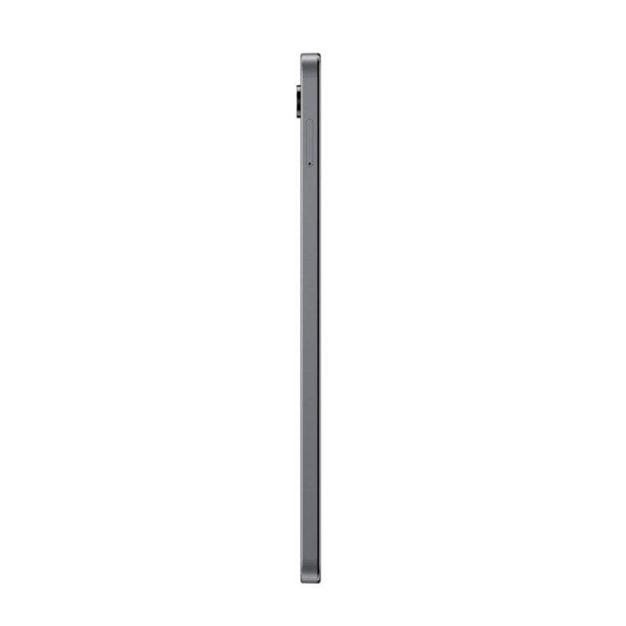 Vista laterale di un sottile tablet grigio su sfondo bianco con obiettivo.