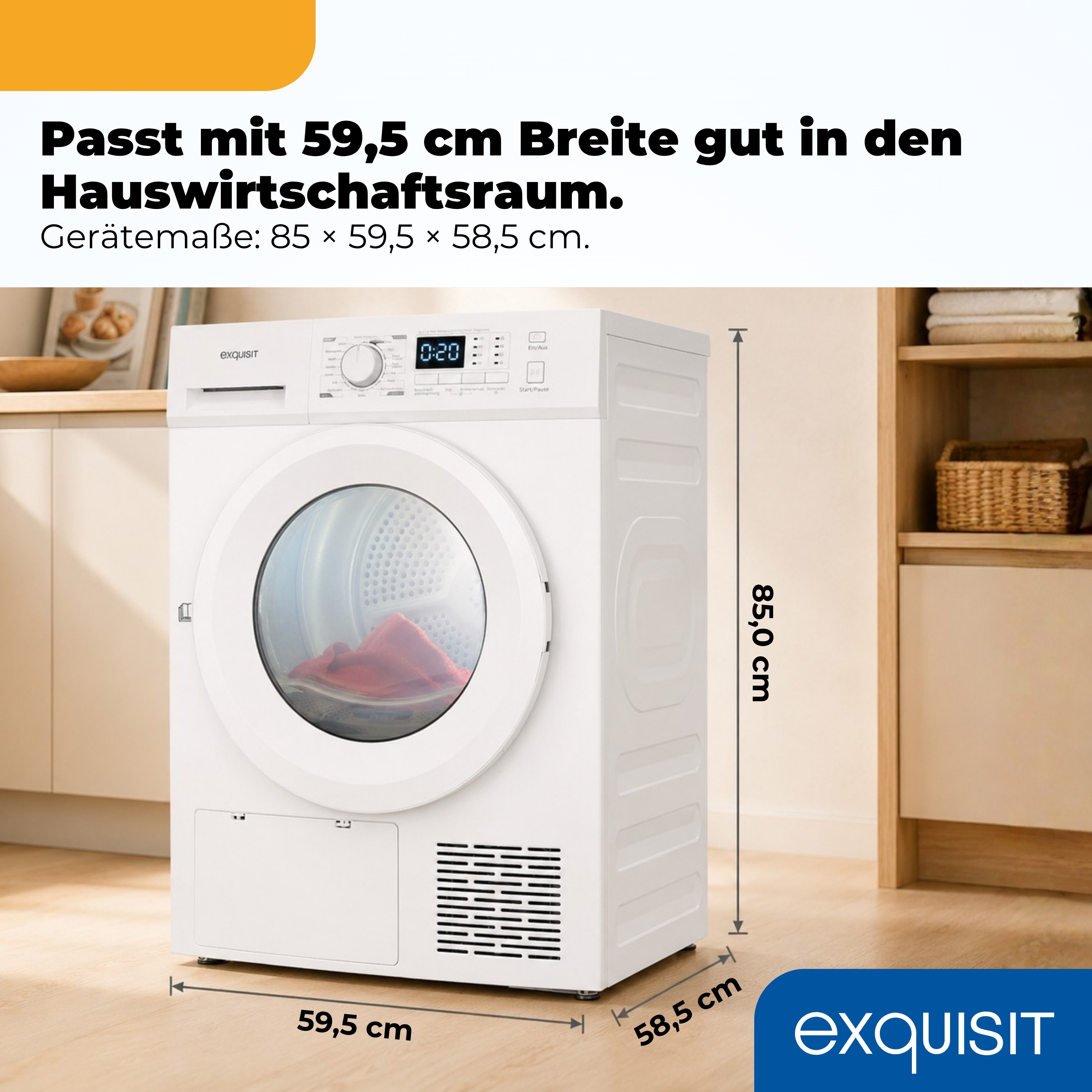 Weißer Exquisit Trockner in einem Raum mit Holzboden und Maßen.