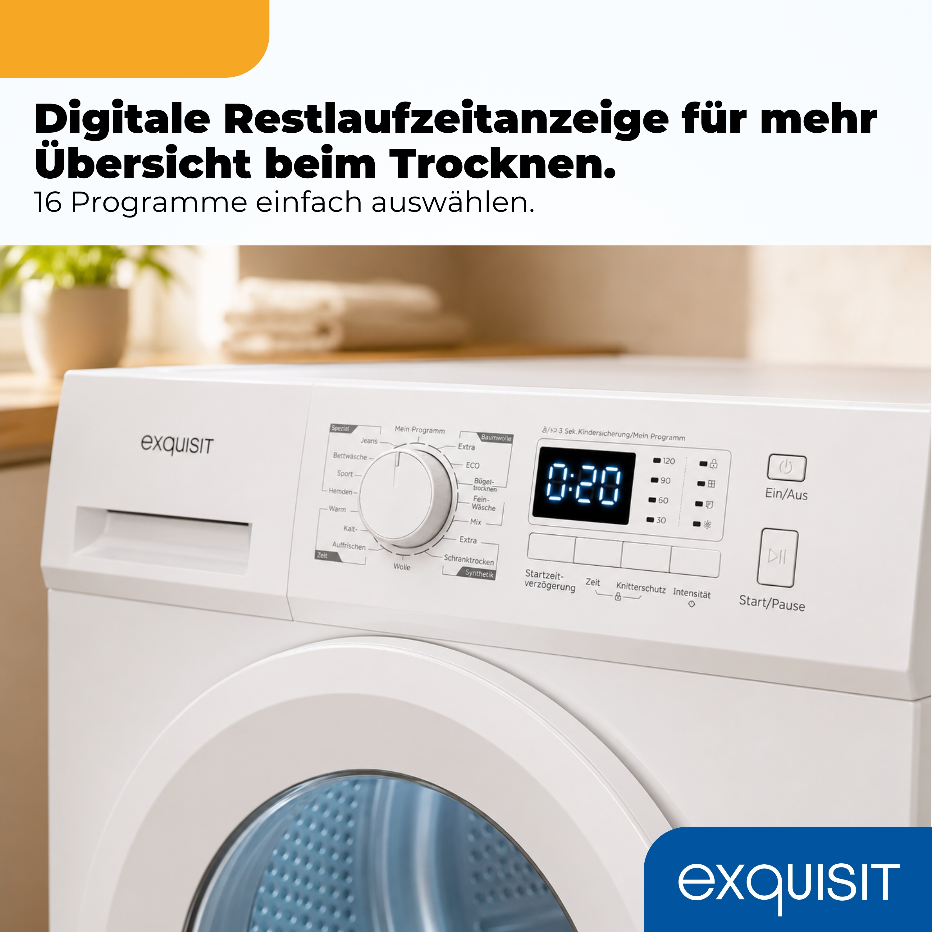 Nahaufnahme eines weißen Exquisit Trockners mit digitaler Anzeige, Drehwahlschalter und Programmtasten.