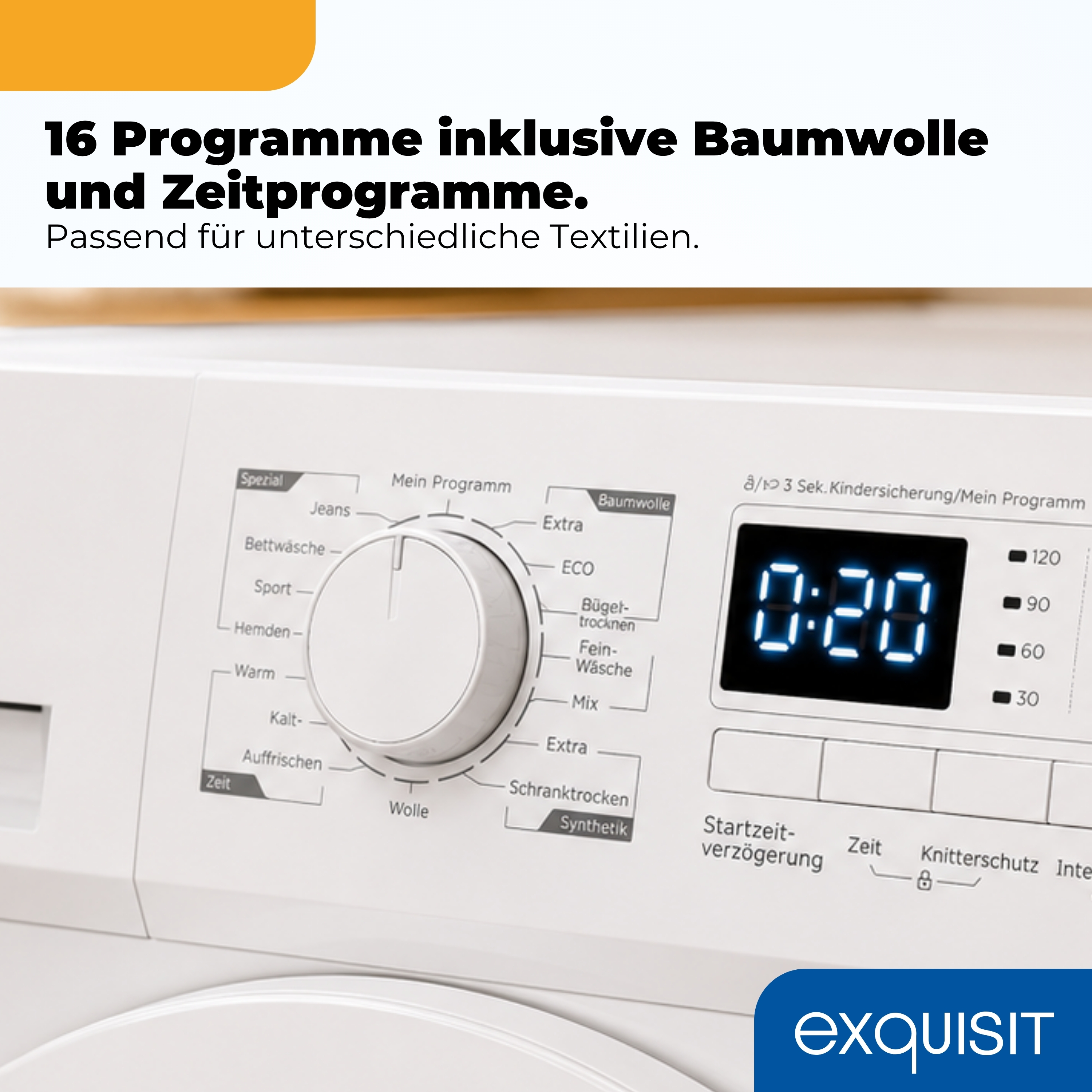 Bedienfeld einer weißen Waschmaschine mit Drehregler und digitaler Anzeige, die 0:20 zeigt.