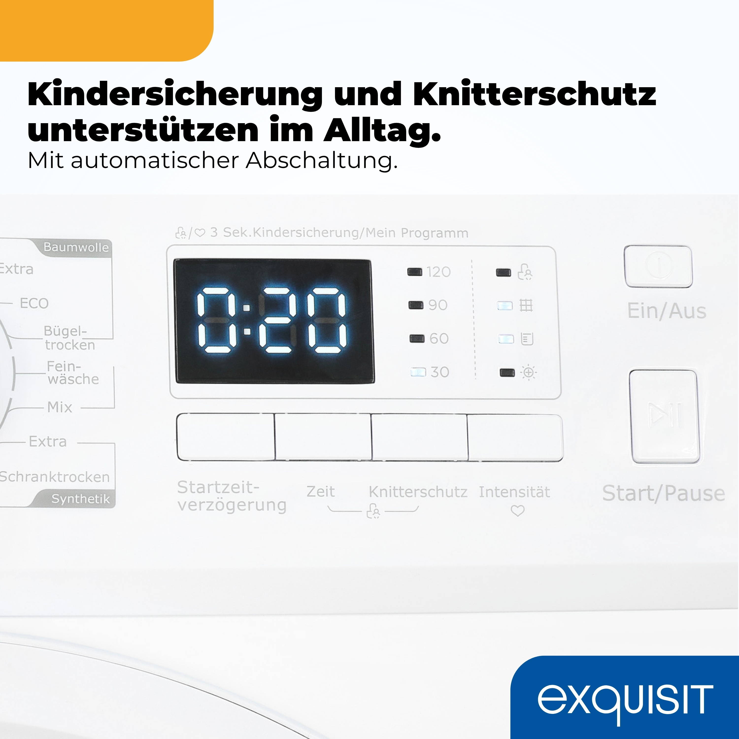 Waschmaschinenbedienfeld mit digitaler Anzeige von 0:20 und Programmtasten.
