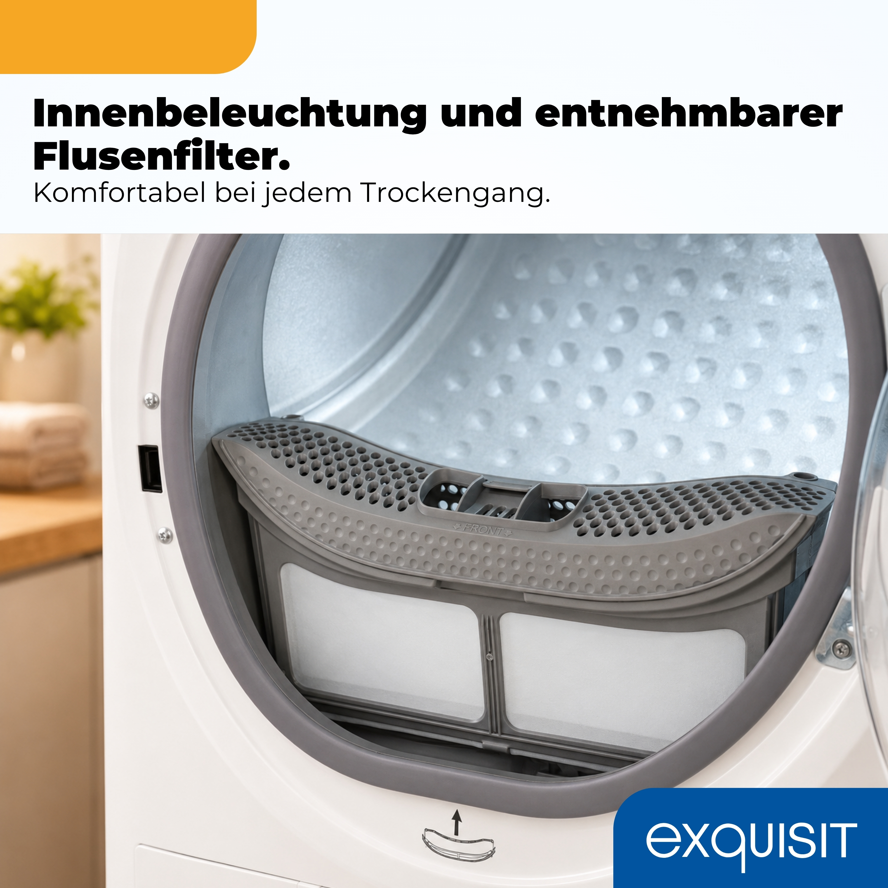 Geöffnete Tür eines Trockners zeigt den herausnehmbaren Flusenfilter im Inneren.