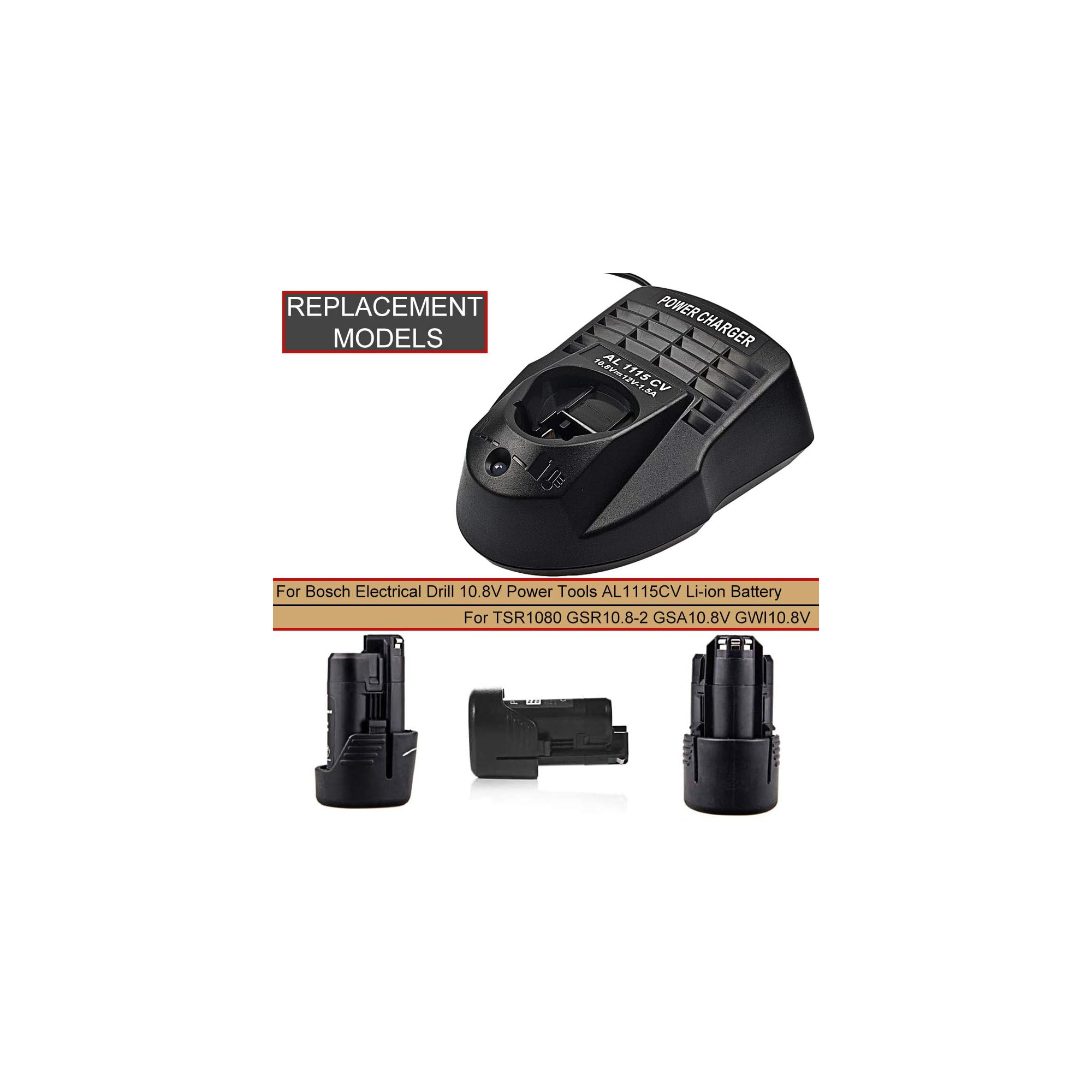 Ein schwarzes Ladegerät und drei passende schwarze Akkus für Bosch 10,8V Elektrowerkzeuge.