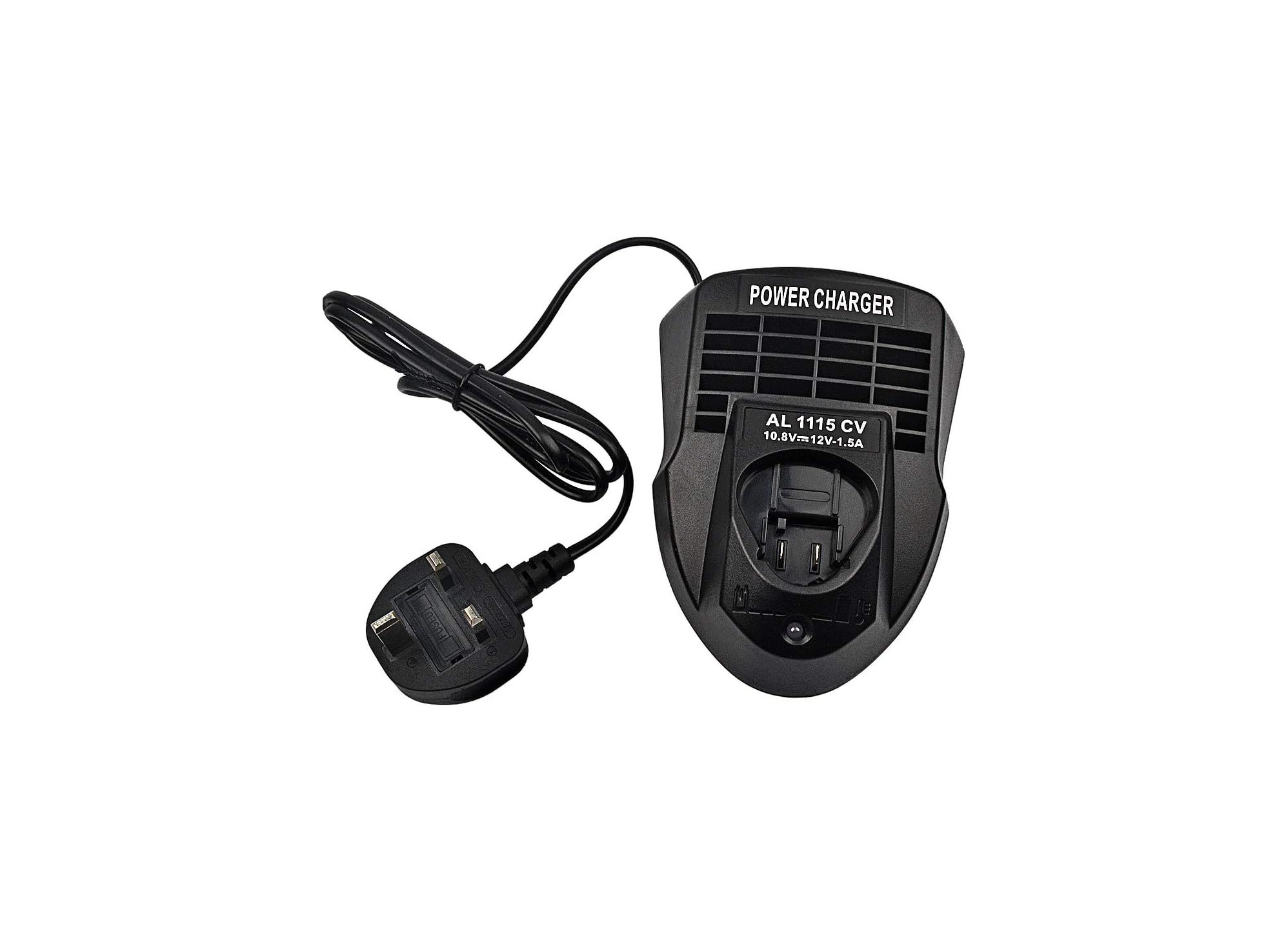 Ein schwarzes Ladegerät mit aufgerolltem Kabel und UK-Stecker auf weißem Hintergrund.