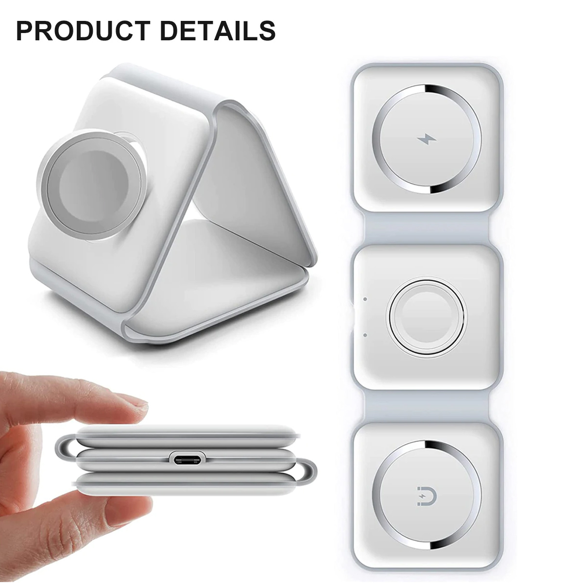 Weißes, faltbares 3-in-1-Ladegerät mit USB-C-Anschluss in verschiedenen Ansichten.