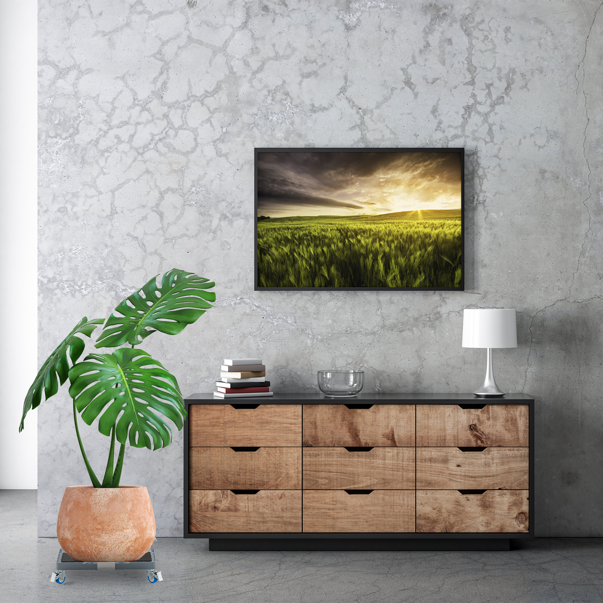 Ein hölzernes Sideboard vor einer grauen Betonwand, mit einer grünen Pflanze, Büchern und einer Lampe.