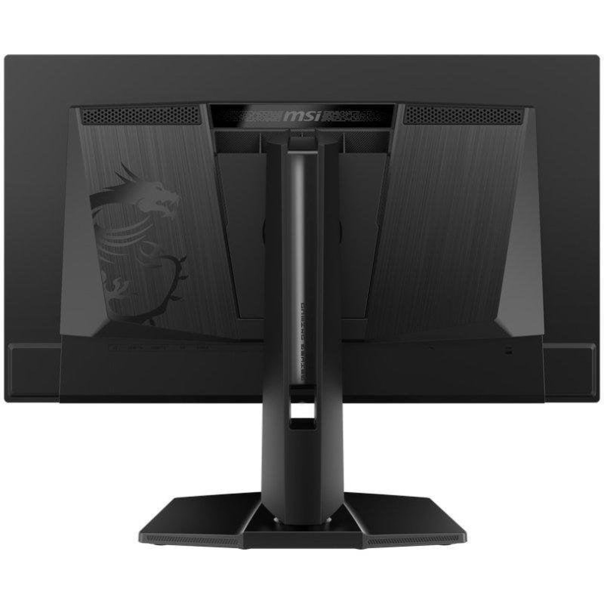 Ejderha logolu, merkezi standlı ve düz tabanlı siyah bir MSI oyun monitörünün arkadan görünümü.