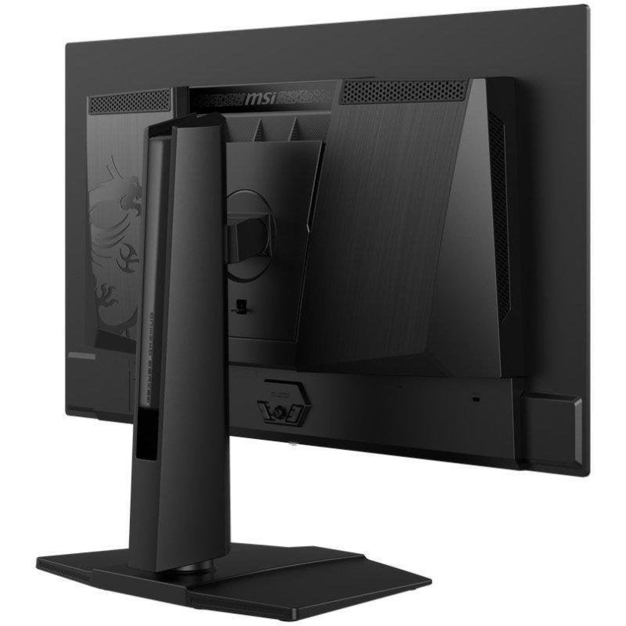 Ergonomik standa ve marka logosuna sahip siyah bir MSI oyuncu monitörünün arkası.