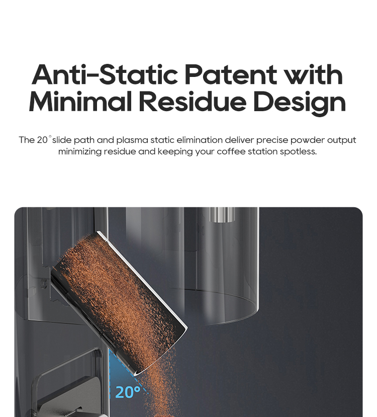 Anti-Statisches Patent mit 20-Grad-Rutschbahn für präzise Kaffeepulver-Ausgabe und weniger Rückstände.