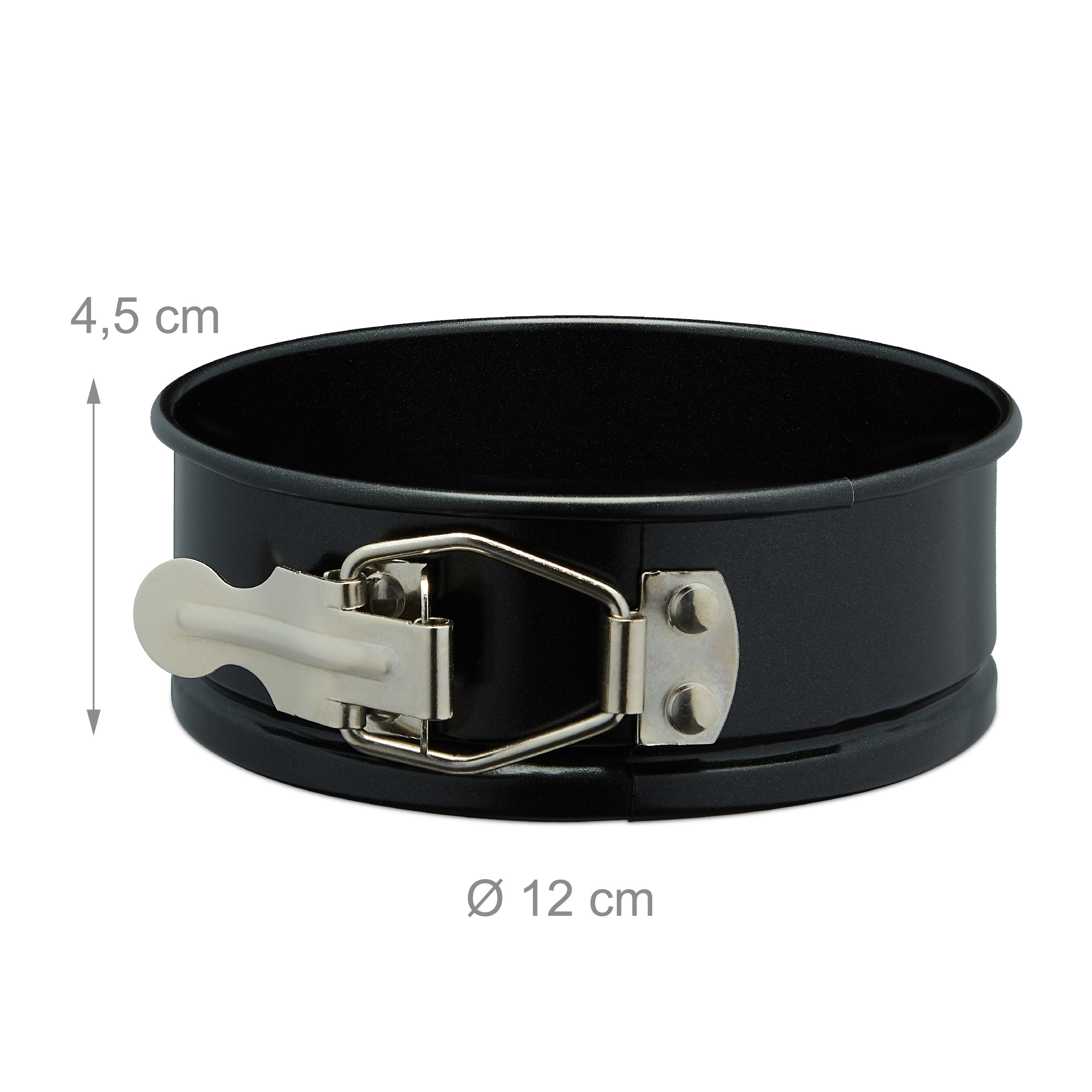 Schwarze 12 cm Springform mit 4,5 cm Höhe und silbernem Verschluss auf weißem Grund.