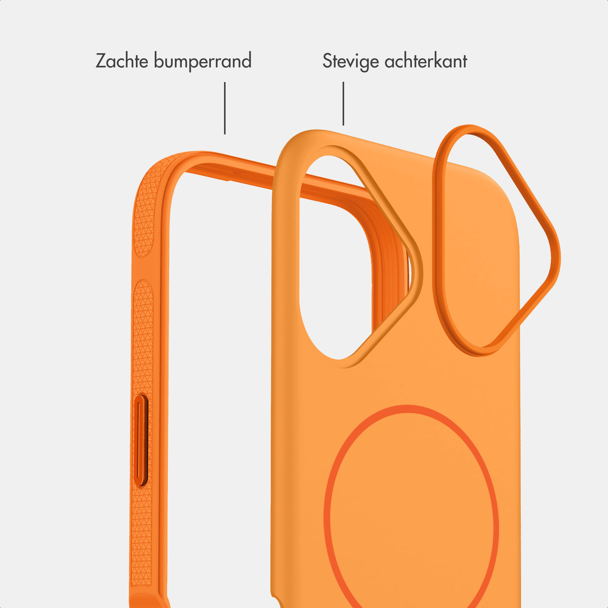 Oranger Smartphone-Hut mit weichem Rand und stabiler Rückseite auf hellem Hintergrund.
