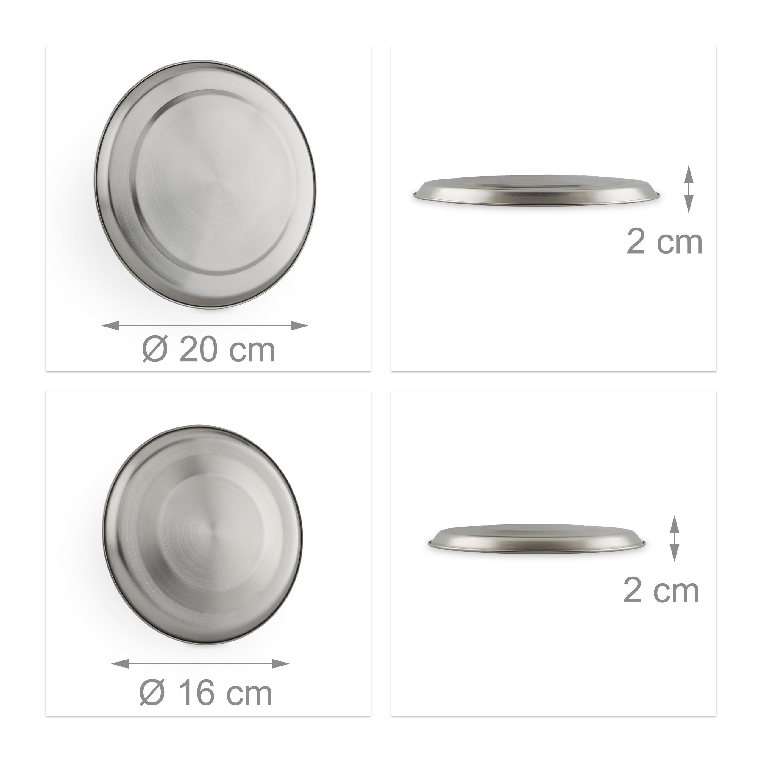 Technische Zeichnung mit vier Ansichten von Edelstahl-Tellern, Durchmesser 20 cm und 16 cm, Höhe 2 cm.