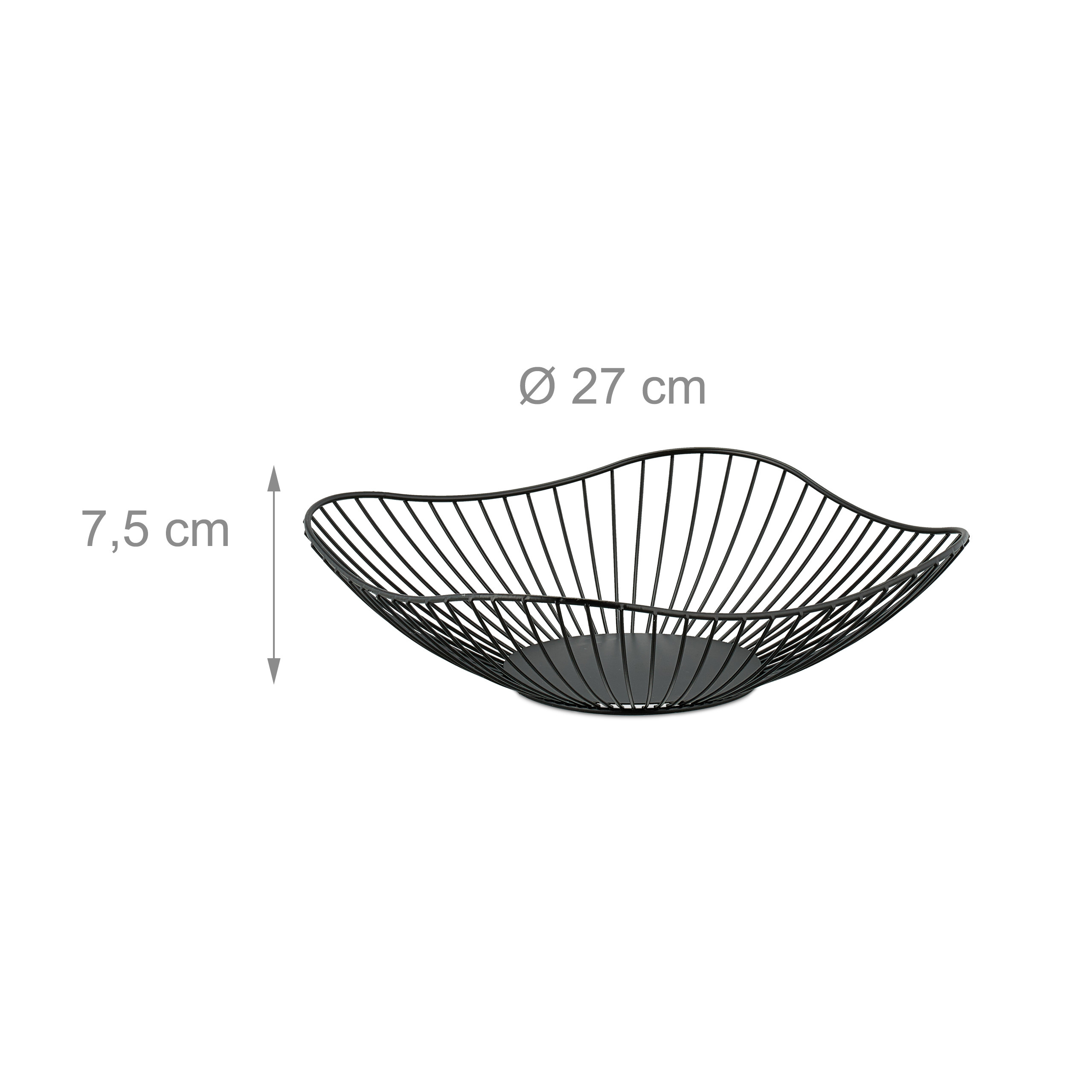 Cesta portafrutta in fil di ferro nero con bordi ondulati, diametro 27 cm e altezza 7,5 cm, su sfondo bianco.