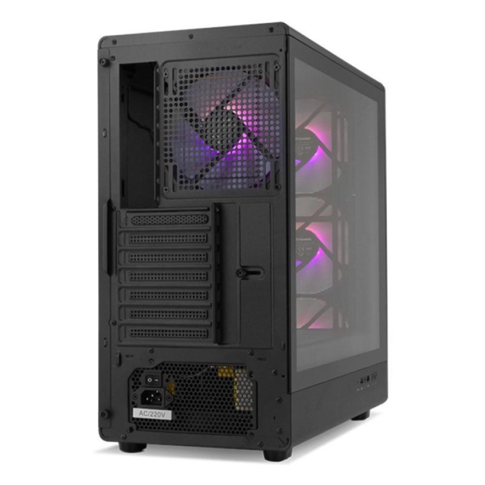 Un case per PC nero con ventole viola e rosa luminose visibili attraverso i pannelli laterali e posteriori in vetro.