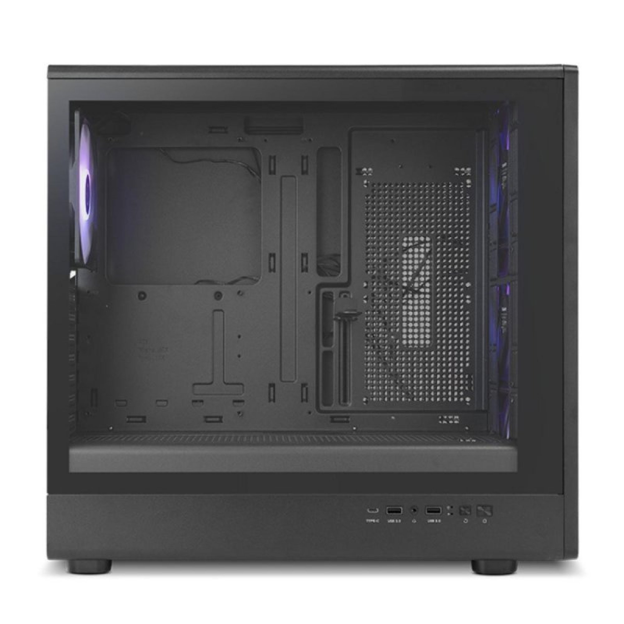 Un case per PC nero vuoto con lato in vetro e ventole luminose.