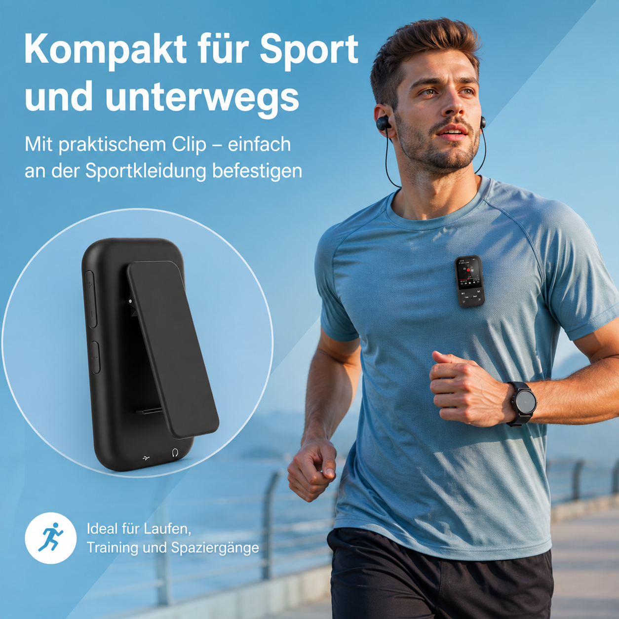 Ein Läufer trägt einen MP3-Player mit Clip an seinem Sportshirt, im Hintergrund ist Wasser zu sehen.