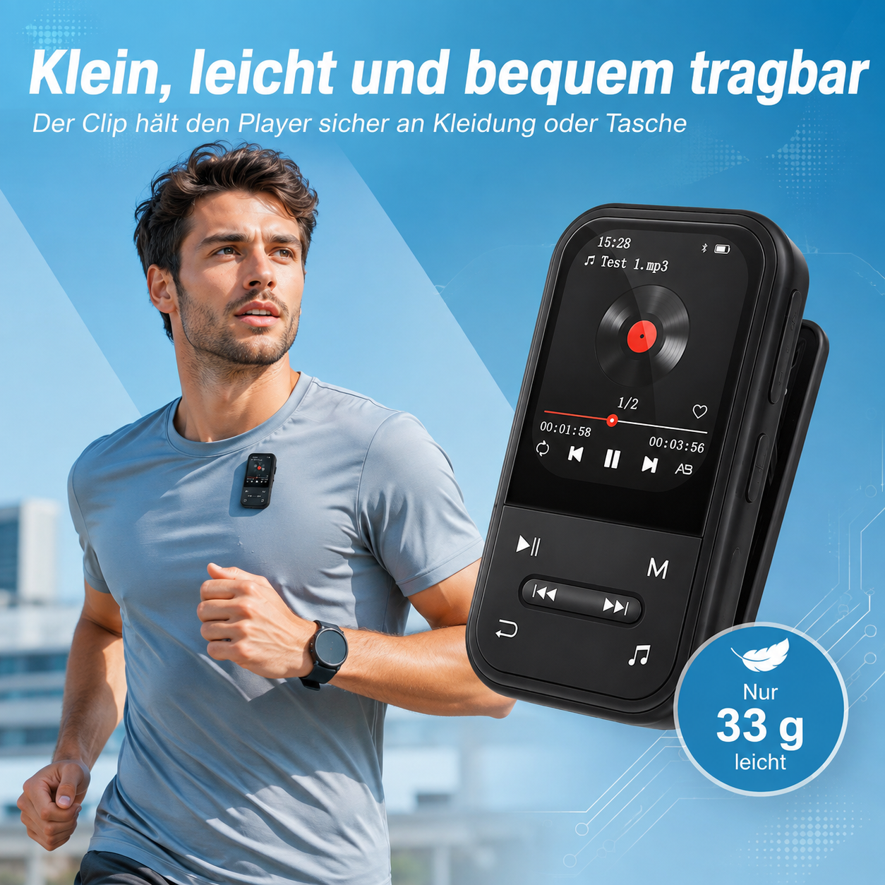 Ein Läufer in grauen Sportkleidung trägt einen kleinen, leichten schwarzen MP3-Player mit Clip.